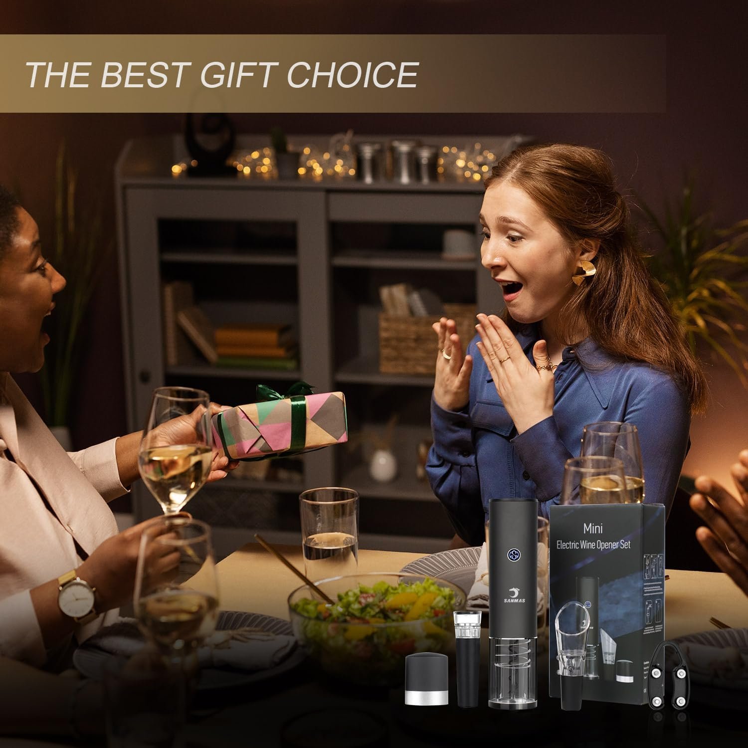 SANMAS Electric Wine Bottle Opener Set, Rechargable Automatic Corkscrew Opener with Foil Cutter Wine Stopper Vacuum Wine Aerator Pourer for Wine Lover Gift - Image 7