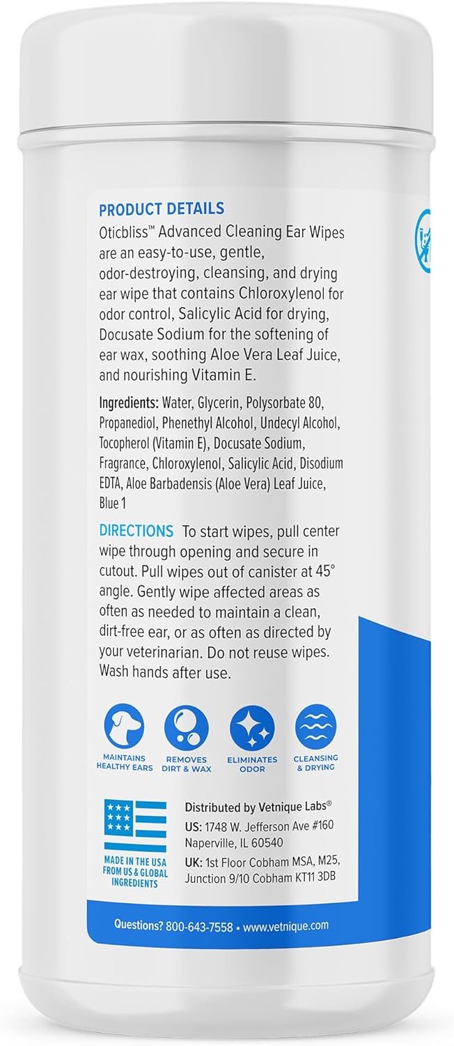 VETNIQUE Oticbliss Advanced Cleaning Ear Wipes for Dogs for Odor Control, Dirt and Wax Removal with Soothing Aloe Vera, Salicylic Acid & Vitamin E, (Ear Cleaning Wipes, Advanced Cleaning Large) - Image 3