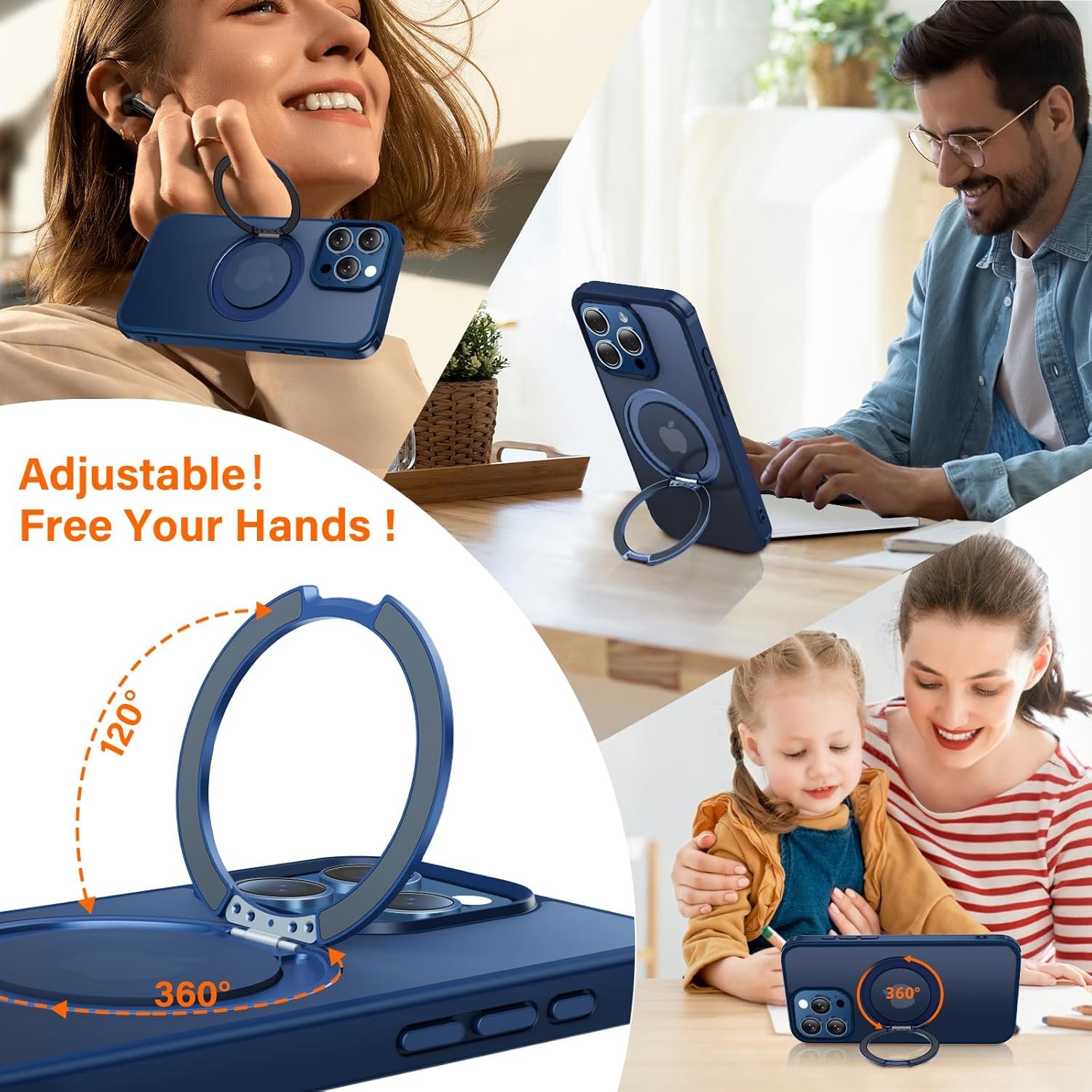 for iPhone 15 Pro Max Case 360°Magnetic Ring Stand, Compatible with Magsafe, Military Grade Shockproof, Translucent Back with Ring Holder Protective Phone Cover for iPhone 15 ProMax Blue - Image 3