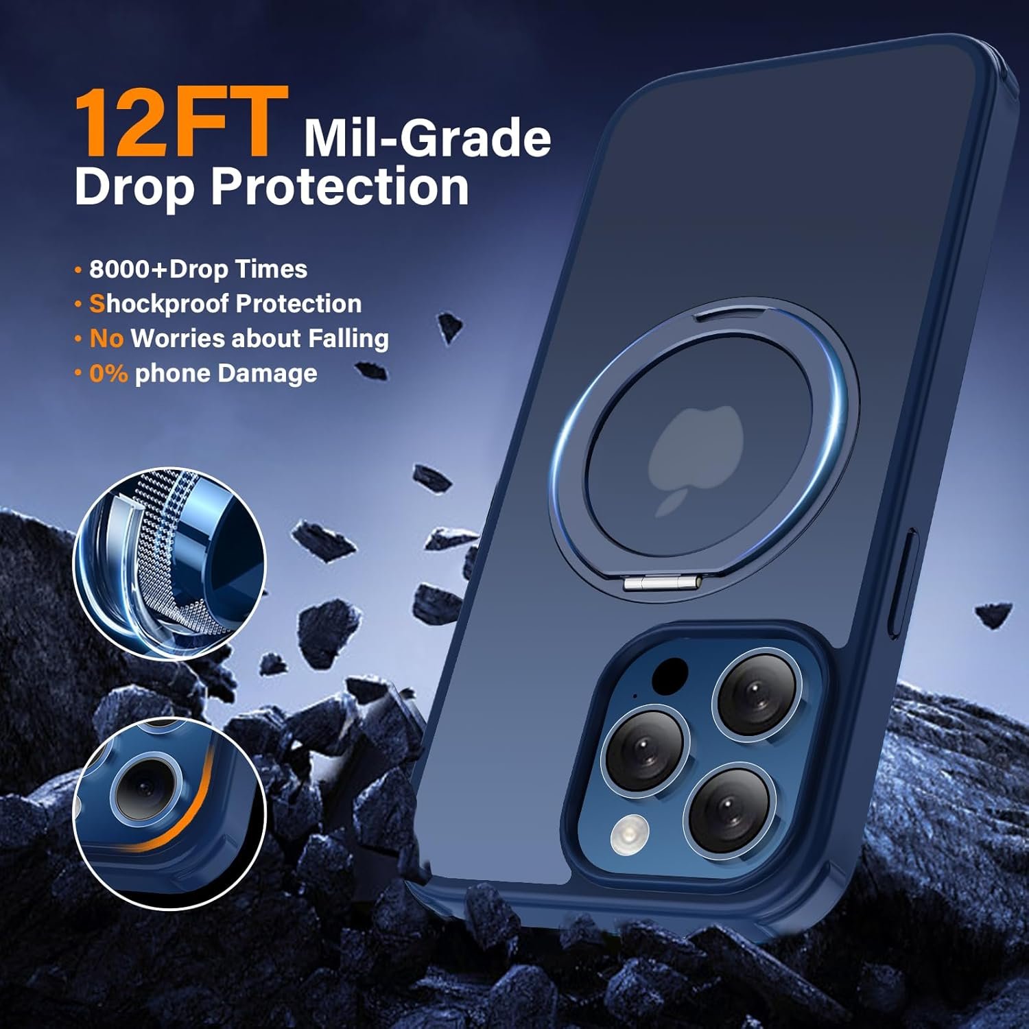 for iPhone 15 Pro Max Case 360°Magnetic Ring Stand, Compatible with Magsafe, Military Grade Shockproof, Translucent Back with Ring Holder Protective Phone Cover for iPhone 15 ProMax Blue - Image 7