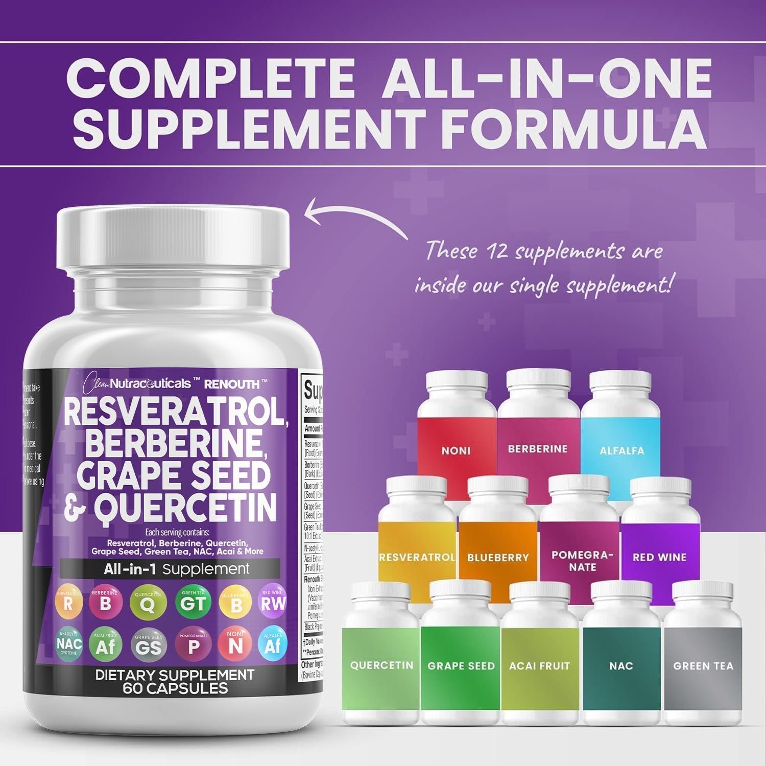 Resveratrol 6000mg Berberine 3000mg Grape Seed Extract 3000mg Quercetin 4000mg Green Tea Extract - Polyphenol Supplement for Women and Men with N-Acetyl Cysteine, Acai Extract - 60 Capsules - Image 3