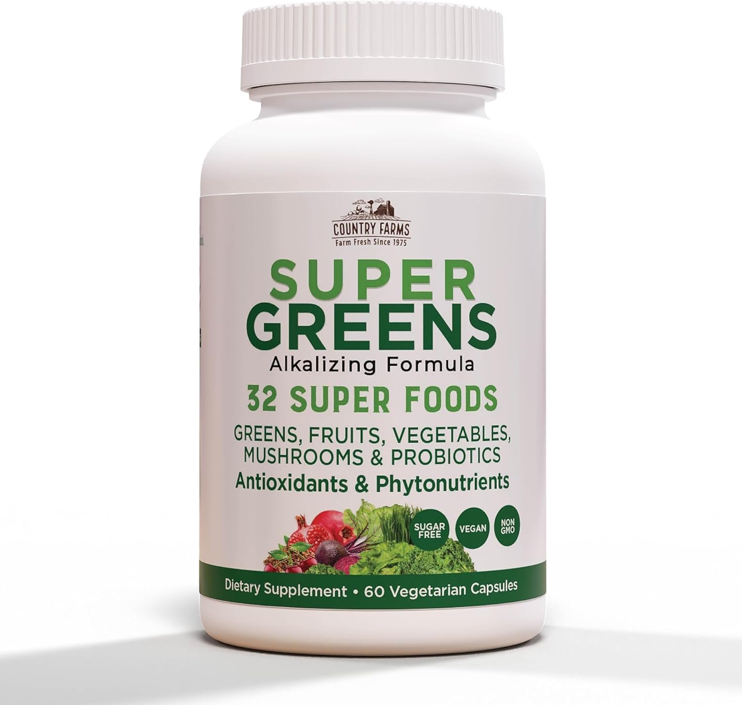 COUNTRY FARMS Super Greens Vegicaps, 32 Super Foods, Whole Food Supplement, Greens, Fruit, Vegetables, Mushrooms & Probiotics, Rich in Antioxidants & Phytonutrients, 60 Count, 30 Servings - Image 2
