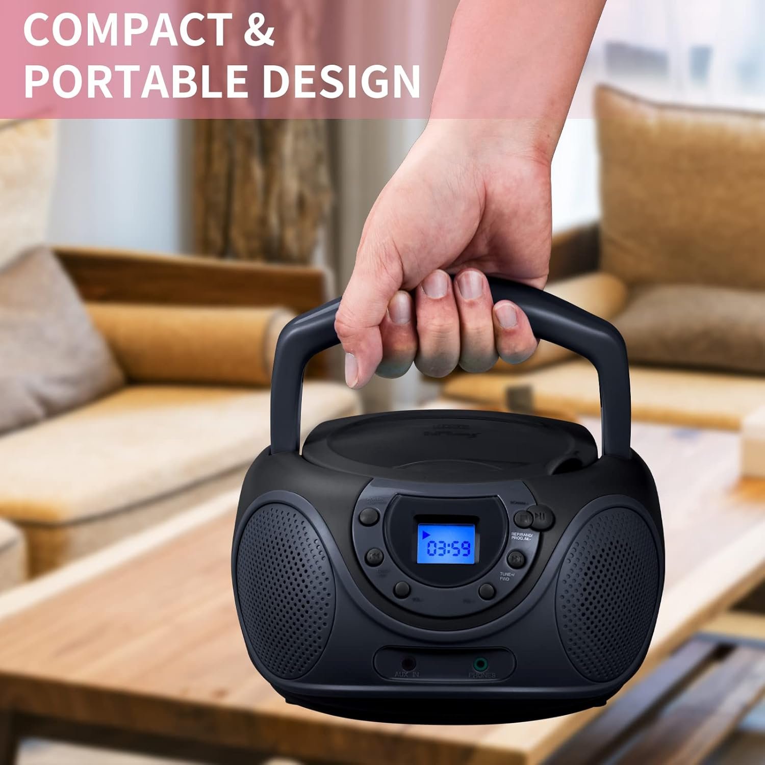 hPlay Gummy P16 Portable CD Player Boombox AM FM Digital Tuning Radio, Aux Line-in, Headphone Jack, Foldable Carrying Handle (Space Grey) - Image 5