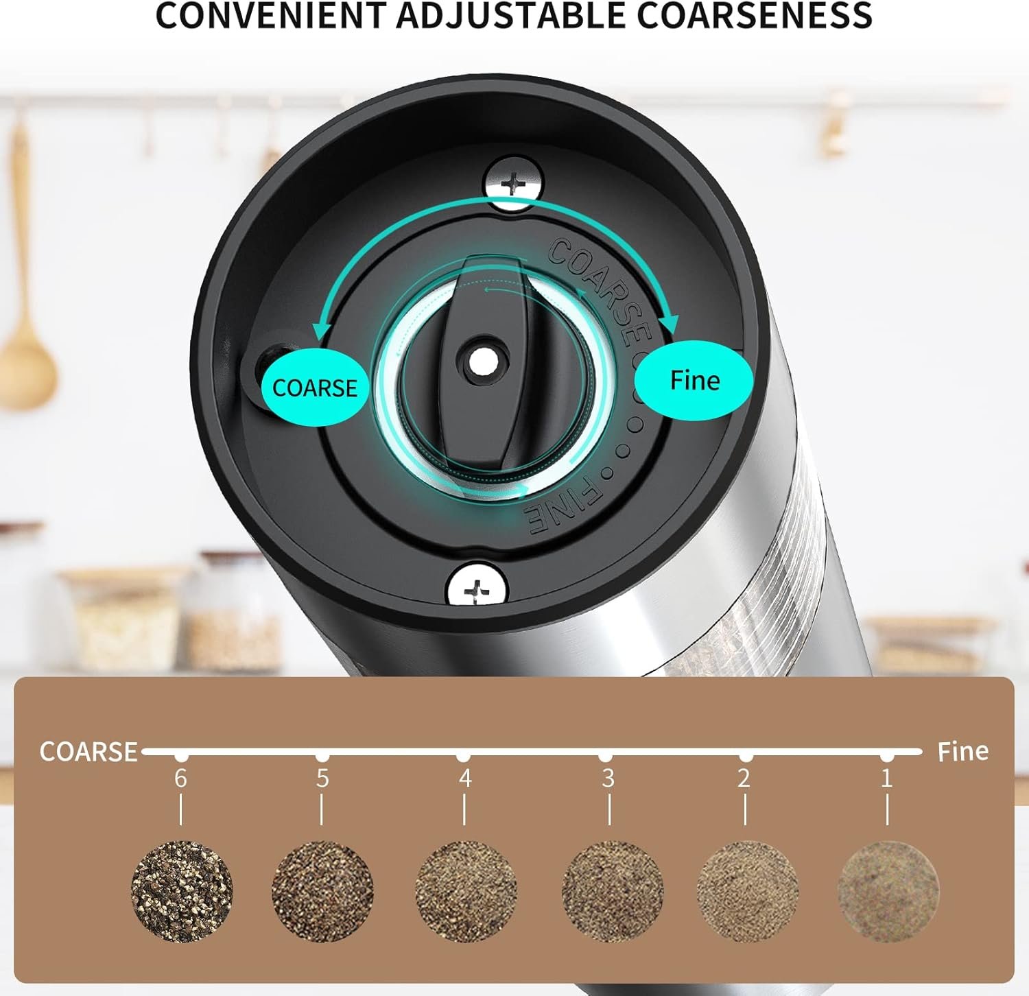 CIRCLE JOY Electric Salt and Pepper Grinder Set Stainless Steel Spice Grinder Automatic Pepper Mills with Easy-to-Carry Dual Charging Station, White Led Light, and Adjustable Coarseness, Silver - Image 5