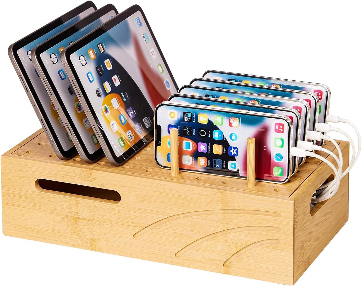 Bamboo Charging Station for Multiple Devices, Charger Station Organizer Desk Docking Station Rack for Phones, Tablets, Laptop, Perfect to Work from Home (Natural, M) - Image 2