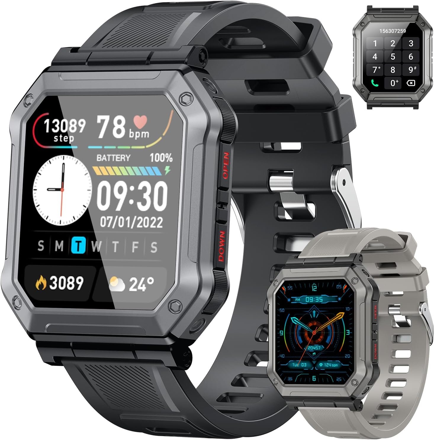 Smart Watch for Men Fitness Tracker: Military Smart Watches for Men Digital Mens Watches Make/Answer Call Running Waterproof Smartwatch Android Phones iPhone Samsung Compatible Heart Rate Monitor - Image 2