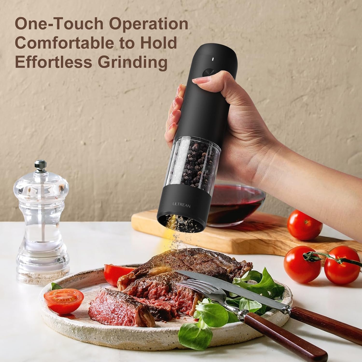 Ultrean Electric Salt and Pepper Grinder Sets (2 Pack), USB Rechargeable Salt Pepper Mill Grinder with 6 Adjustable Coarseness, LED Light, One-Hand Operation for Kitchen, Restaurant, BBQ (Black) - Image 3