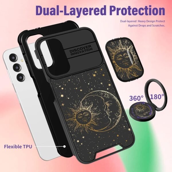 (2in1 for Samsung A14 5G Case for Women Cute Girls Cover Sun Moon Stars Fun Funny Girly Kawaii Aesthetic Cool Black Design with Camera Cover and Ring Stand for Samsung Galaxy A14 5G Case - Image 7