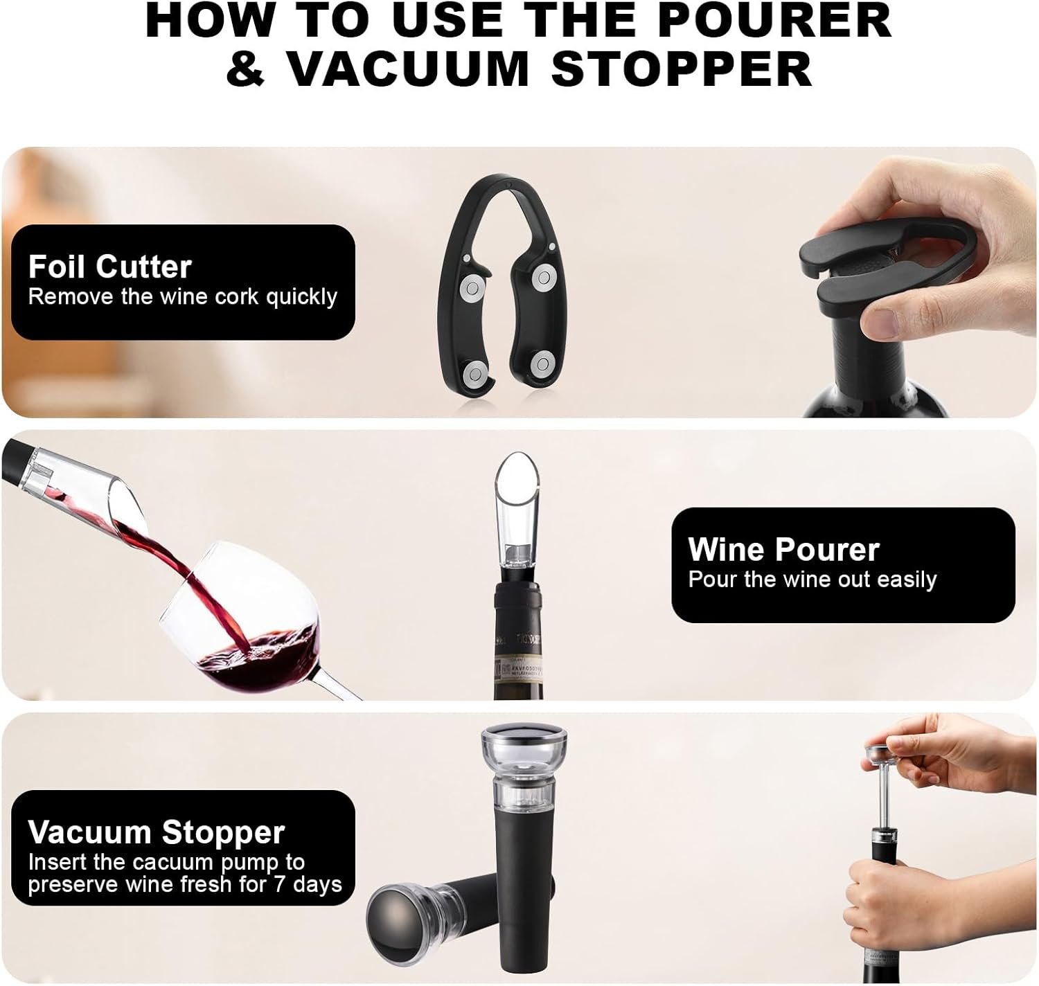 COKUNST Electric Wine Opener Set with Stand, Battery Operated Corkscrews Wine Bottle Openers with Foil Cutter, Wine Pourer, Vacuum Stoppers, Automatic Wine Opener Stainless Steel for Kitchen Party - Image 5