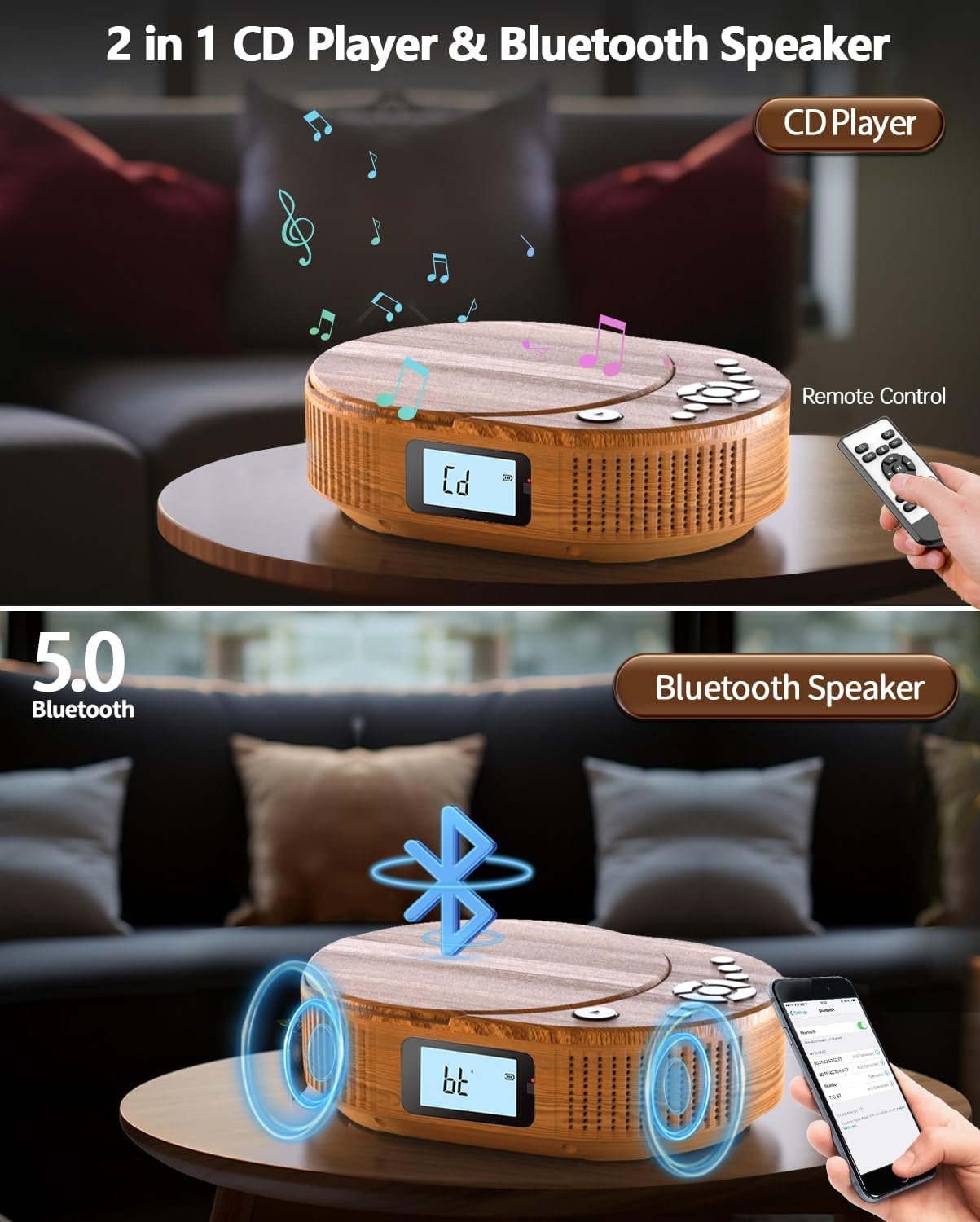 CD Player Portable, FELEMAN Upgraded Portable CD Player & Bluetooth Speaker 2 in 1 Combo, Rechargeable Boombox CD Player for Car/Home with Remote Control, FM Radio, Support AUX/USB, Headphone Jack - Image 3