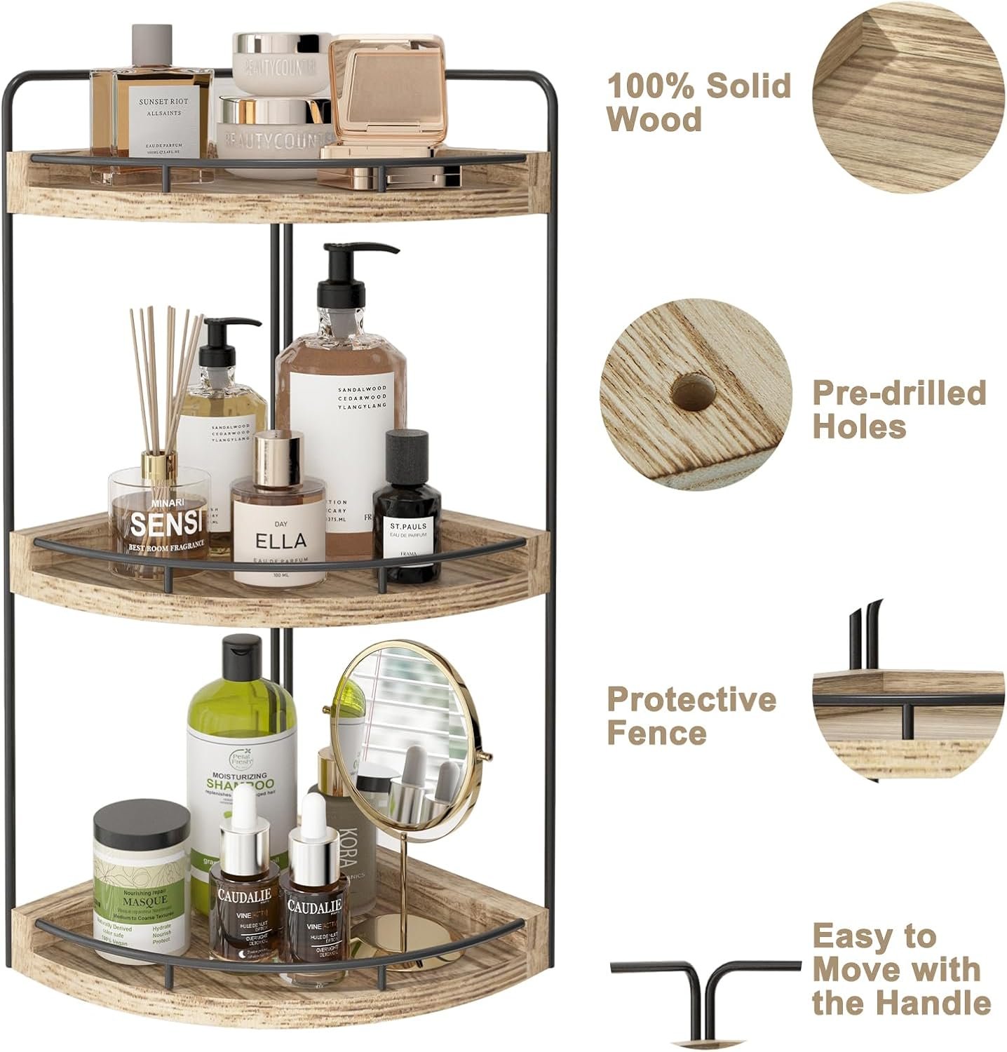 Fixwal Corner Bathroom Counter Organizer, 3 Tier Rustic Bathroom Organizer, Wood Countertop Storage Tray for Vanity, Kitchen, Bedroom (Light Brown) - Image 5