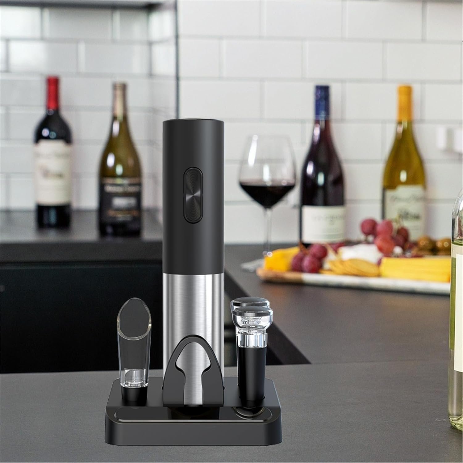 COKUNST Electric Wine Opener Set with Stand, Battery Operated Corkscrews Wine Bottle Openers with Foil Cutter, Wine Pourer, Vacuum Stoppers, Automatic Wine Opener Stainless Steel for Kitchen Party - Image 8