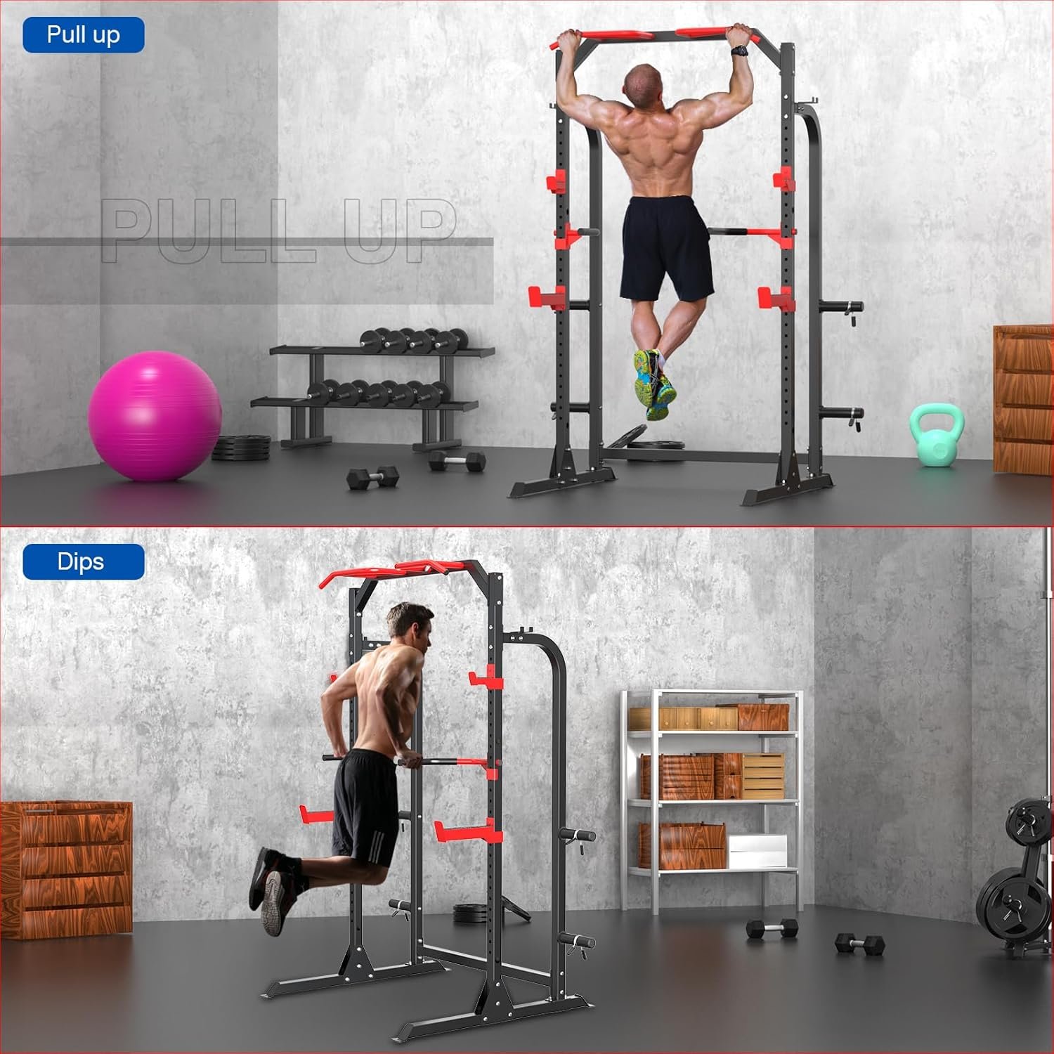 SunHome Power Cage Squat Rack, Multi-Functional Power Rack with J-Hooks, Dip Handles, Weight Plate and Olympic Bar Storage Home Gym - Image 3