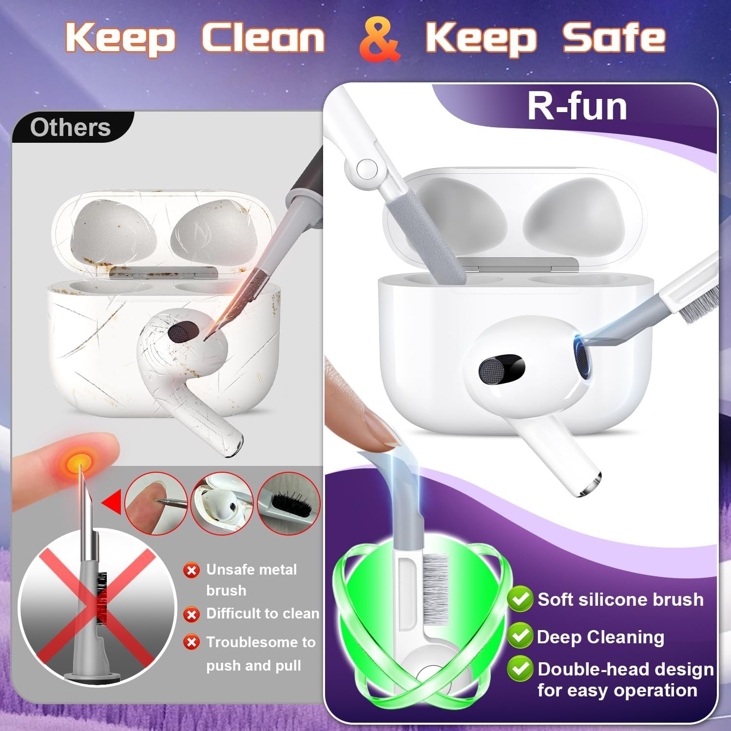 R-fun for AirPods 3rd Generation 2021 Charging Case Cover, Full Drop Protection Auto Pop-Up Lid Design for Apple Airpod 3 Gen Case with Cleaner Kit & Keychain,Black - Image 4