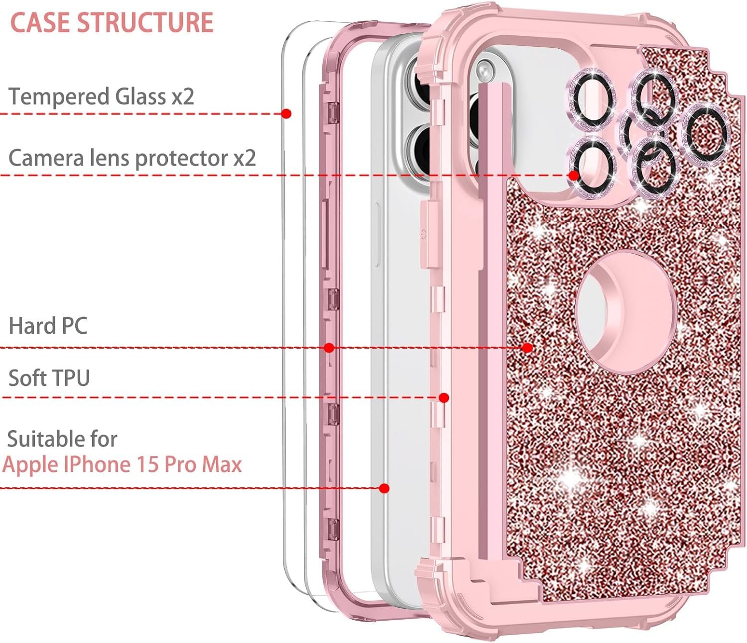 LONTECT for iPhone 15 Pro Max Case Glitter Sparkly Bling 3 in 1 Shockproof Heavy Duty Full Body Sturdy Protective Case for Apple iPhone 15 Pro Max with 2 Screen Protector+2 Camera Protector,Rose Gold - Image 3