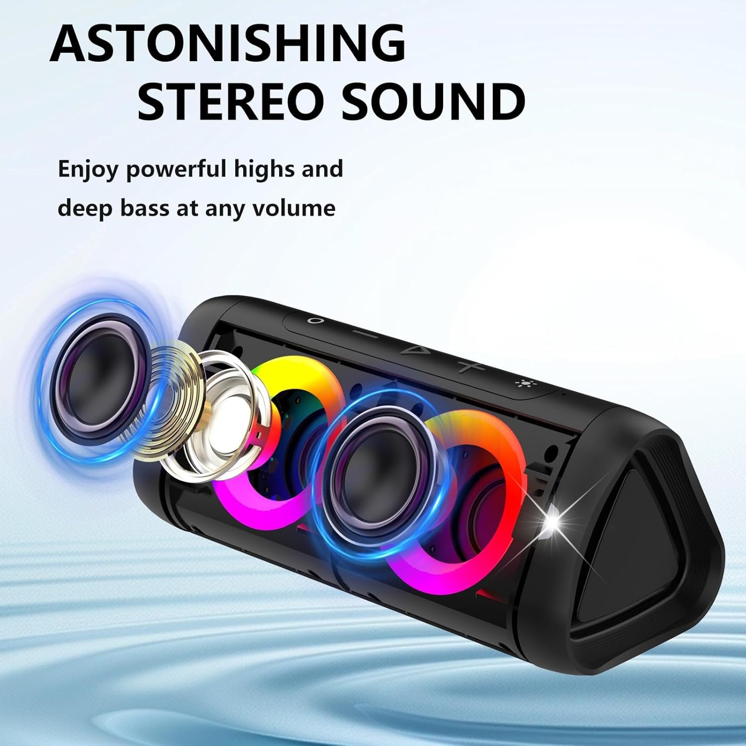 DONOW Bluetooth Speaker with Lights, 30W Stereo Sound, Bass Boost, IPX5 Waterproof, 20H Playtime, Portable Wireless Speaker with Built-in Mic, for Party, Home, Outdoor, Beach(Black) - Image 3
