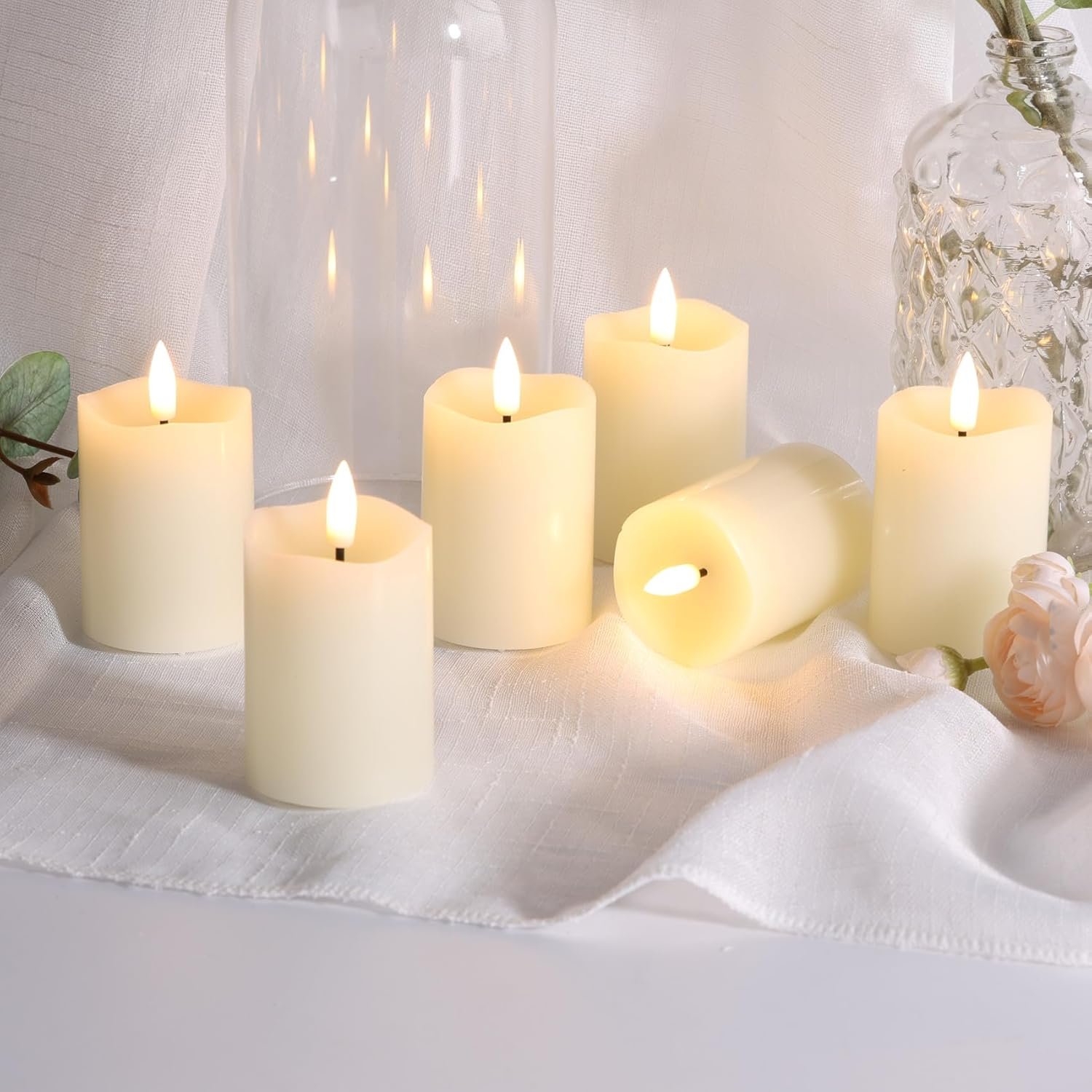 Eywamage Timer Flameless Votive Candles 2 inch x 3 inch , Flickering Small LED Pillar Candles Batteries Included, Ivory Christmas Home Decor 6 Pack with 5 hours timer - Image 5