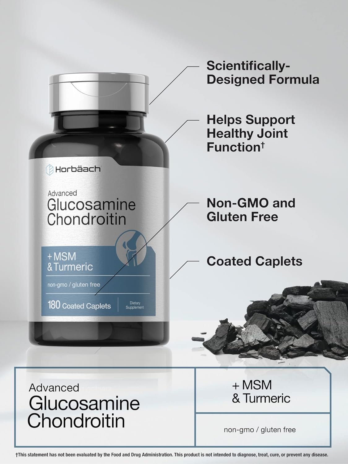 Horbäach Glucosamine Chondroitin MSM | Plus Turmeric | 180 Coated Caplets | Non-GMO, Gluten Free Supplement - Image 4