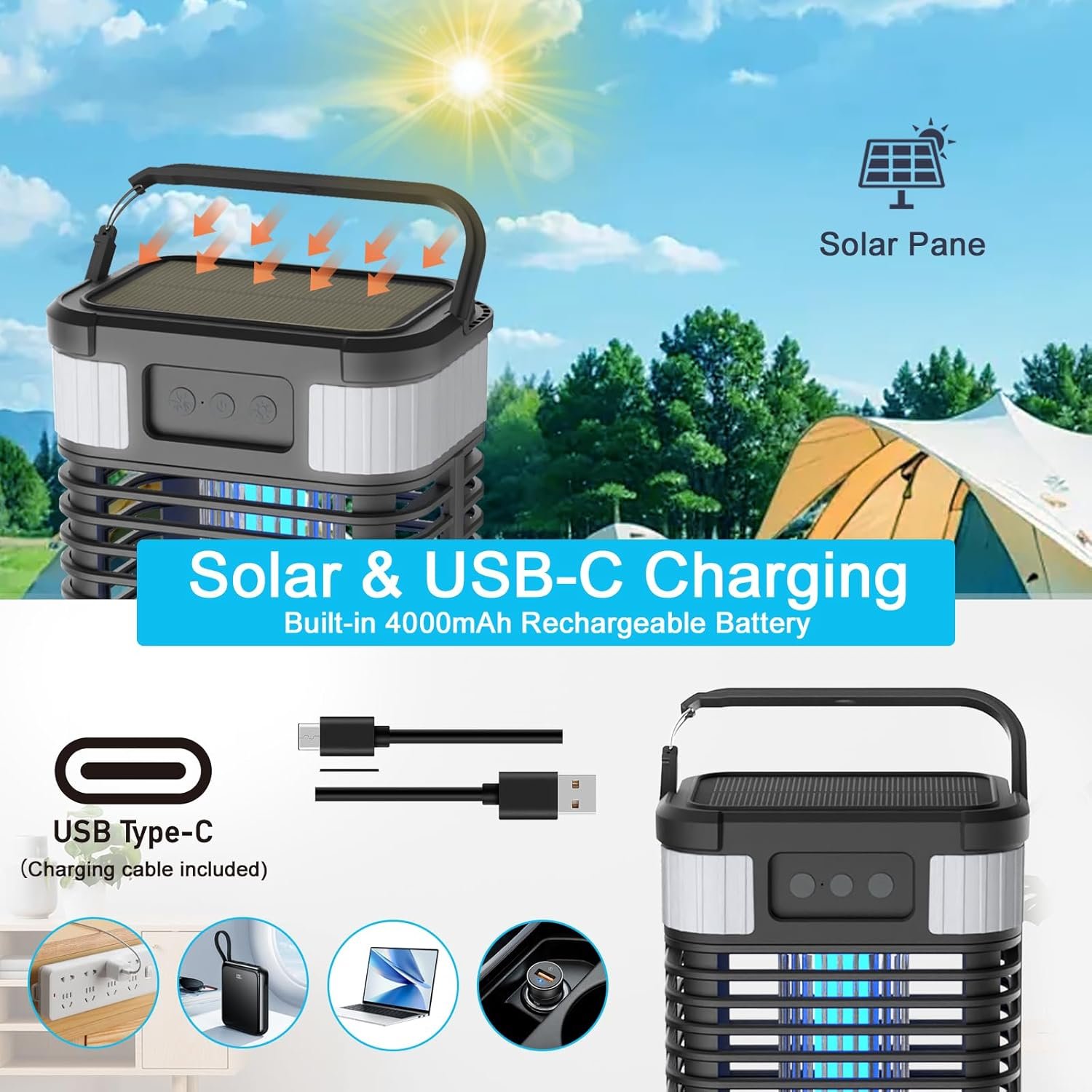 Solar Bug Zapper Outdoor Waterproof, Mosquito Zapper 2 in 1 Portable & Rechargeable Pest Control with 4000mAh Battery & LED Night Light, 4200V Electric Fly Zapper for Home, Patio, Backyard (Black) - Image 5