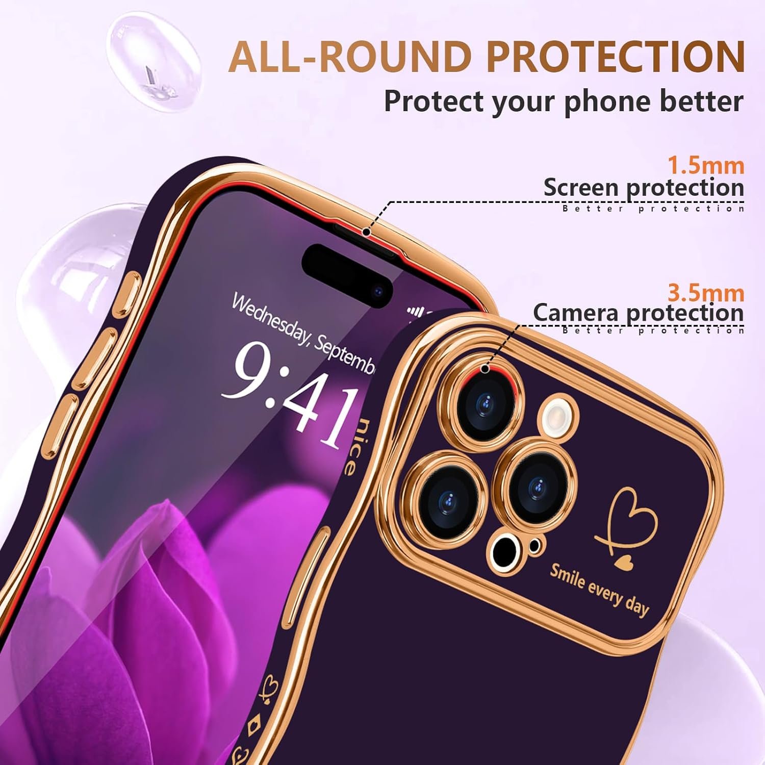 LCHULLE for iPhone 15 Pro Max Case for Women Girls, Cute Wave Frame Curly Shape with Love Heart Raised Camera Protection Cover Luxury Plating Shockproof Phone Case for iPhone 15 Pro Max, Dark Purple - Image 5