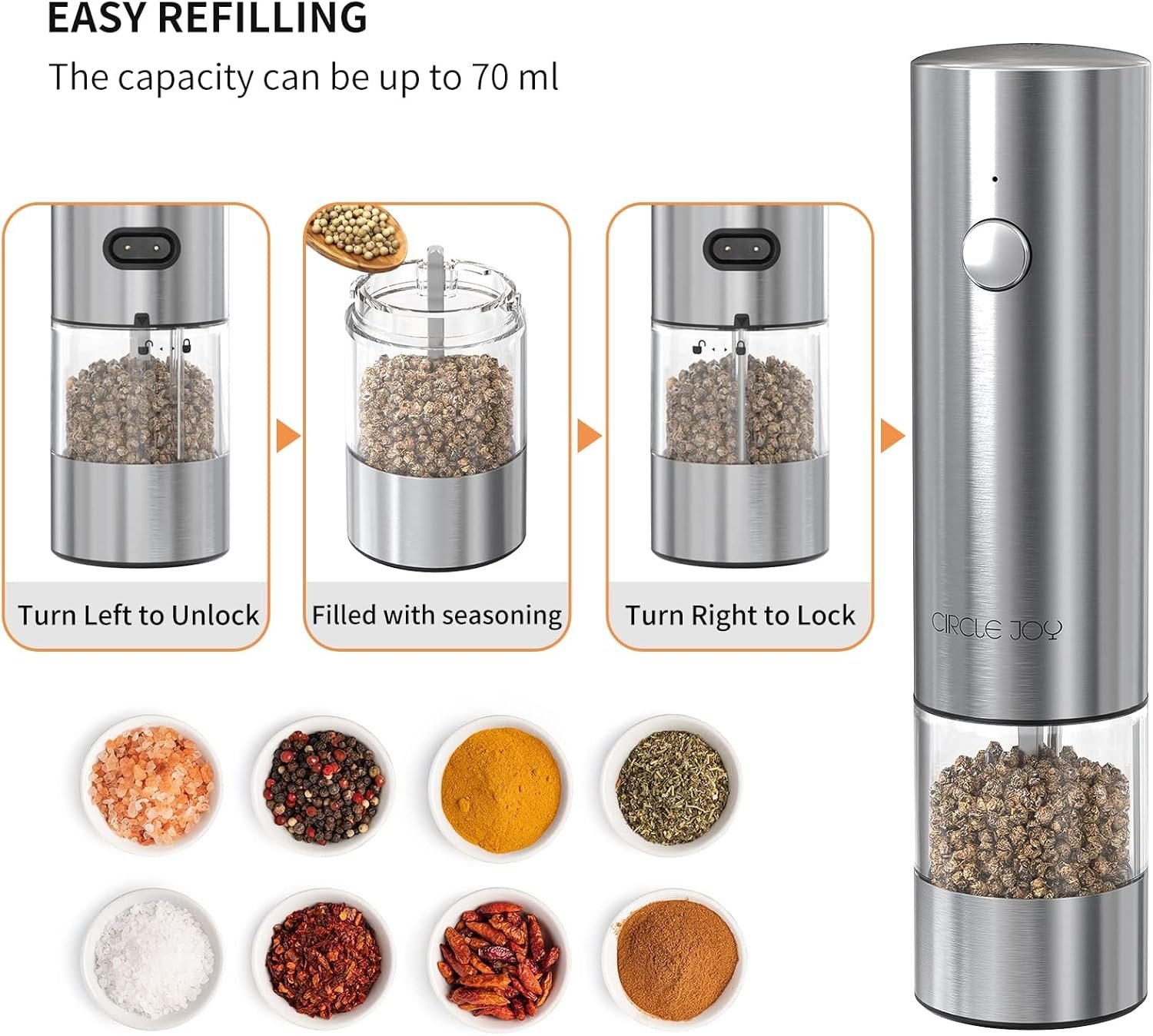 CIRCLE JOY Electric Salt and Pepper Grinder Set Stainless Steel Spice Grinder Automatic Pepper Mills with Easy-to-Carry Dual Charging Station, White Led Light, and Adjustable Coarseness, Silver - Image 7