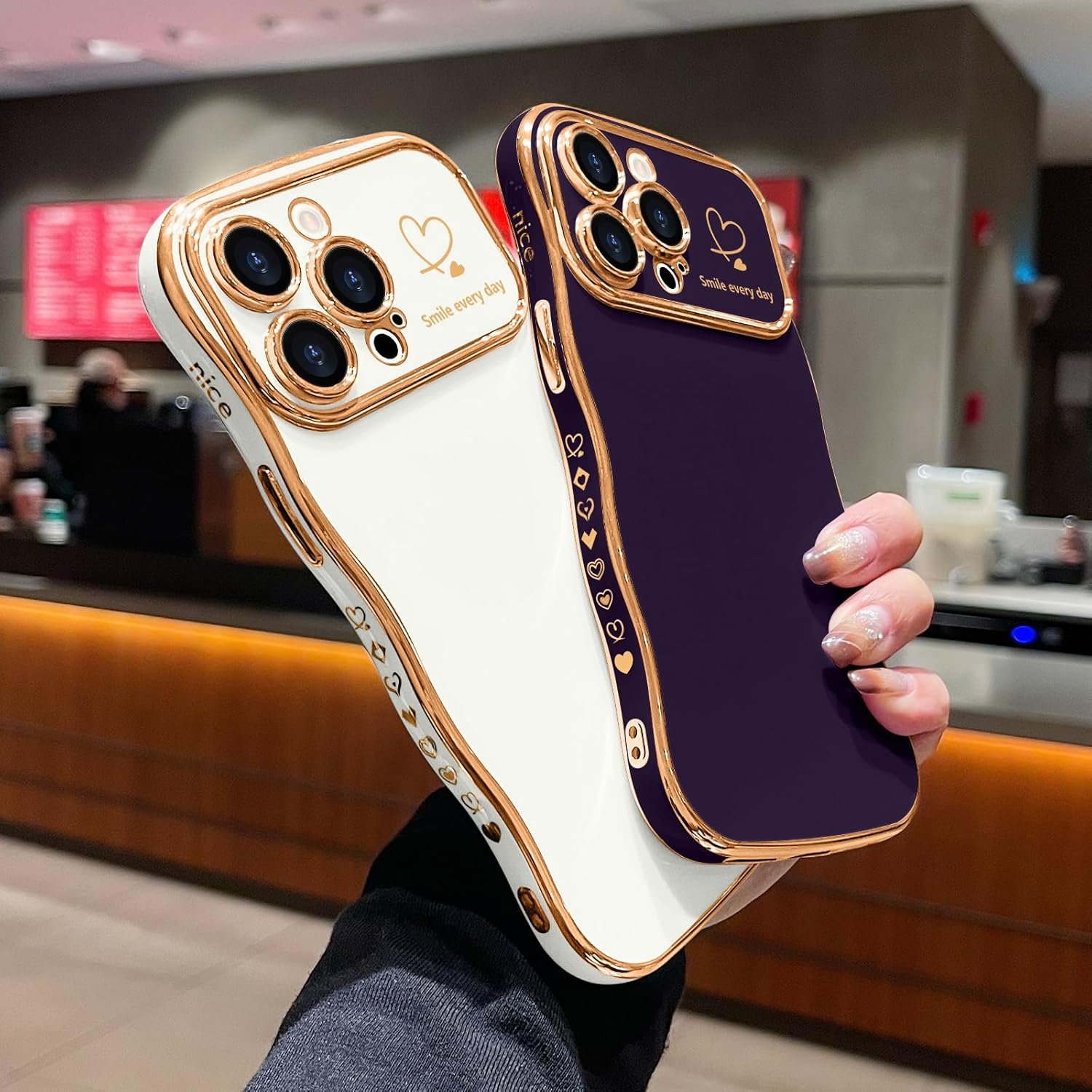 LCHULLE for iPhone 15 Pro Max Case for Women Girls, Cute Wave Frame Curly Shape with Love Heart Raised Camera Protection Cover Luxury Plating Shockproof Phone Case for iPhone 15 Pro Max, Dark Purple - Image 7