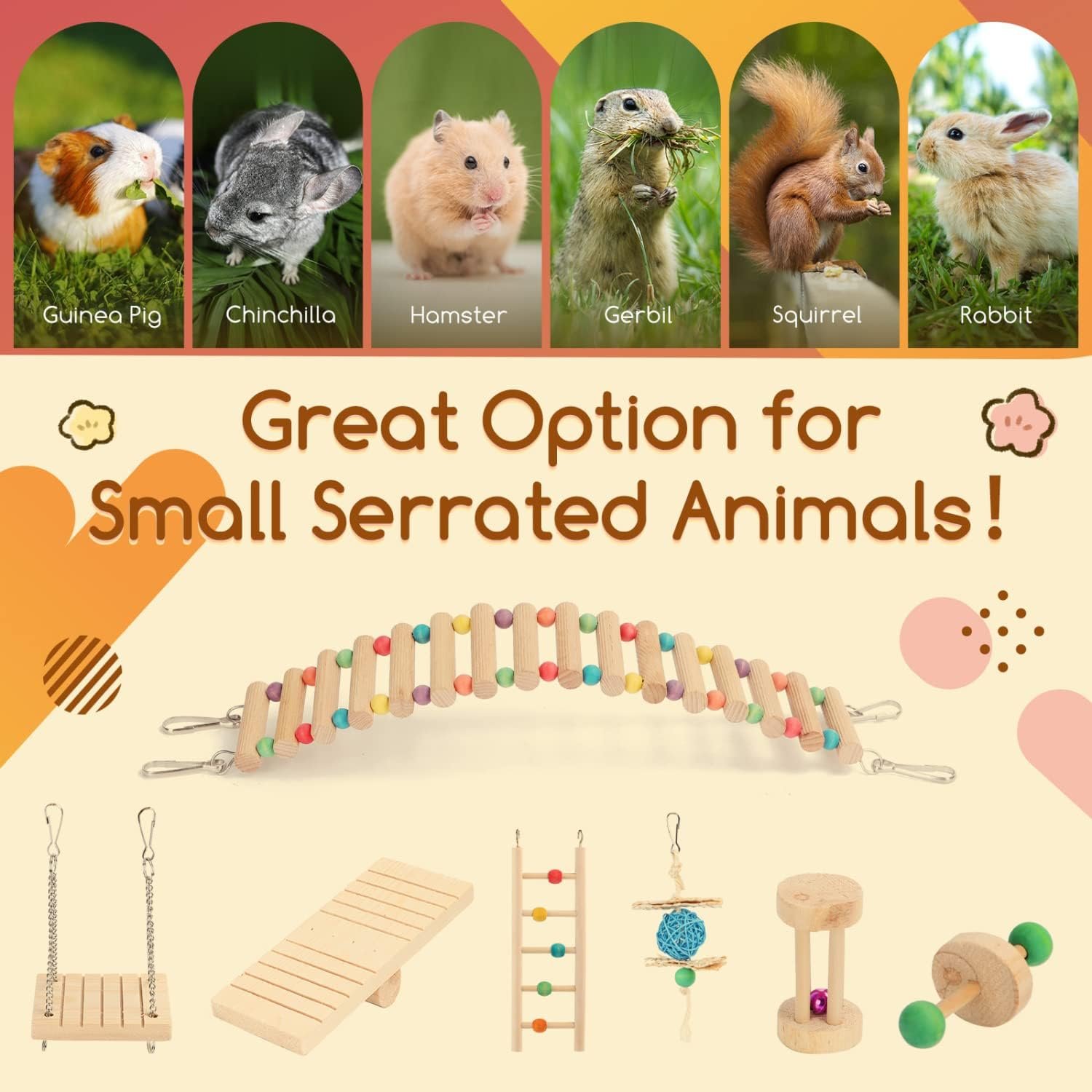 Nobleza Guinea Pig Toys, 7 Pack Natural Wooden Hamster Chew Toy Set, Teeth Care Molar Exercise Toys for Pet Rats, Dwarf Syrian Hamsters, Chinchillas, Gerbils - Image 6