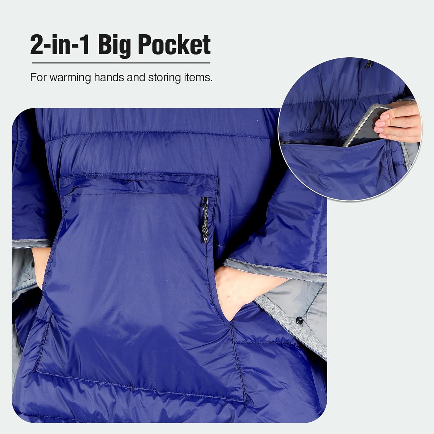 Camp Poncho Sleeping Bag, Wearable Hooded Stadium Blanket Sack Cold Weather for Adult, Blue - Image 9