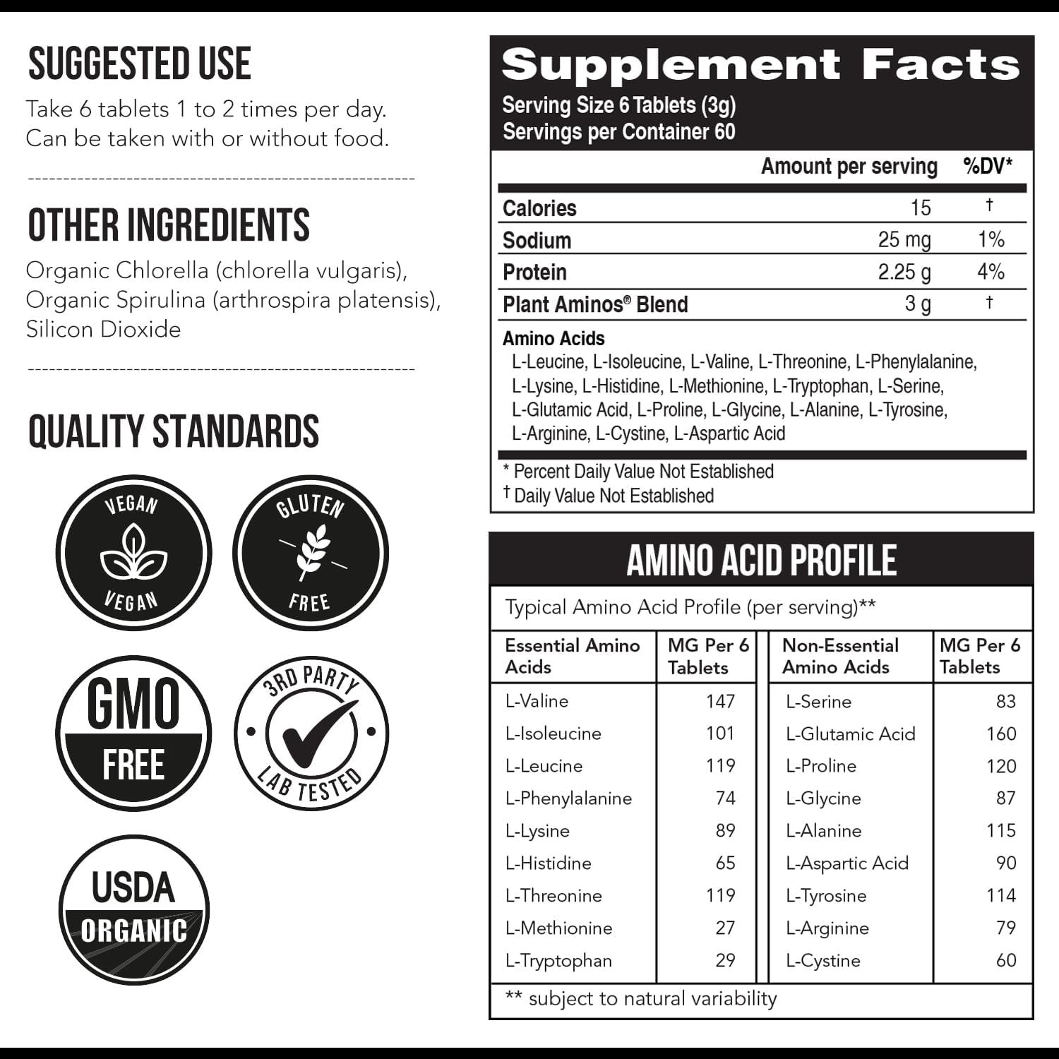Plant Aminos Organic Essential Amino Acids (EAAs) & BCAA - 100% Plant-Based Raw, Vegan - All 9 Amino Acids with 18 Total Amino Acids (360 Tablets) - Image 3
