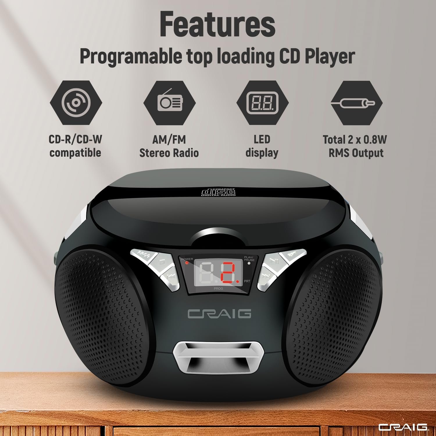 Craig CD6925 Portable Top-Loading Stereo CD Boombox with AM/FM Stereo Radio and Bluetooth Wireless Technology | Programmable CD Player | CD-R/CD-W Compatible | No Headphone Jack - Image 3