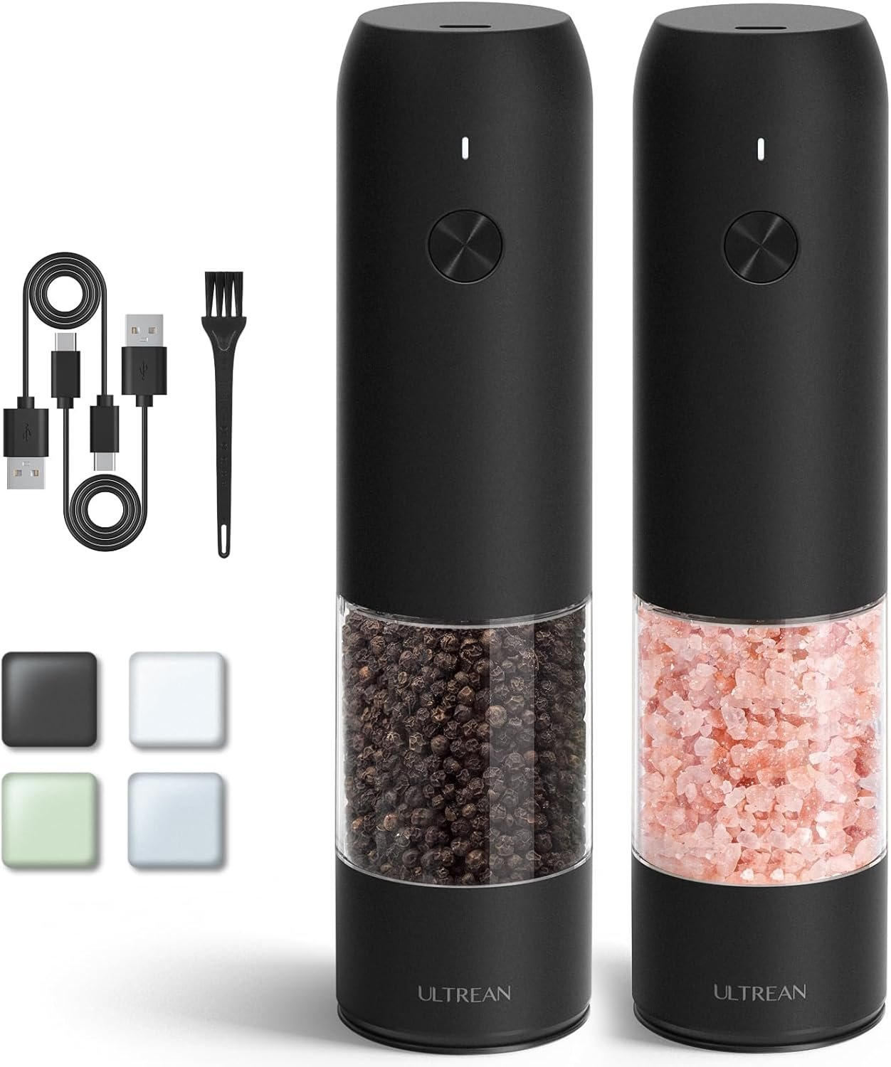 Ultrean Electric Salt and Pepper Grinder Sets (2 Pack), USB Rechargeable Salt Pepper Mill Grinder with 6 Adjustable Coarseness, LED Light, One-Hand Operation for Kitchen, Restaurant, BBQ (Black) - Image 2