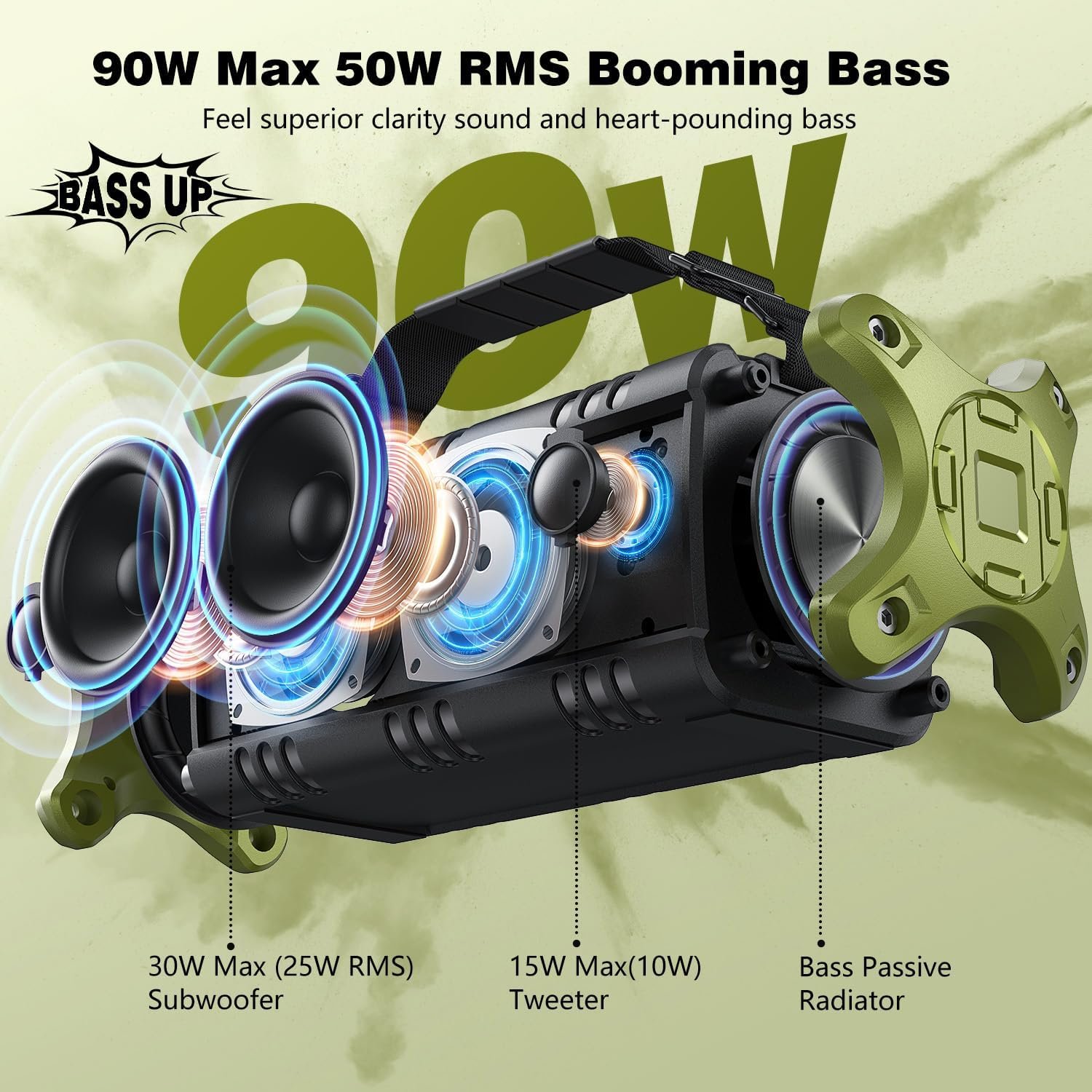 W-KING Bluetooth Speaker, 90W Peak 50W RMS Portable Speakers Bluetooth Wireless Loud, IPX6 Waterproof Outdoor Large Bluetooth Speaker Subwoofer/Bass Boost/DSP/40H Playtime/Stereo Pairing/Power Bank/TF - Image 3