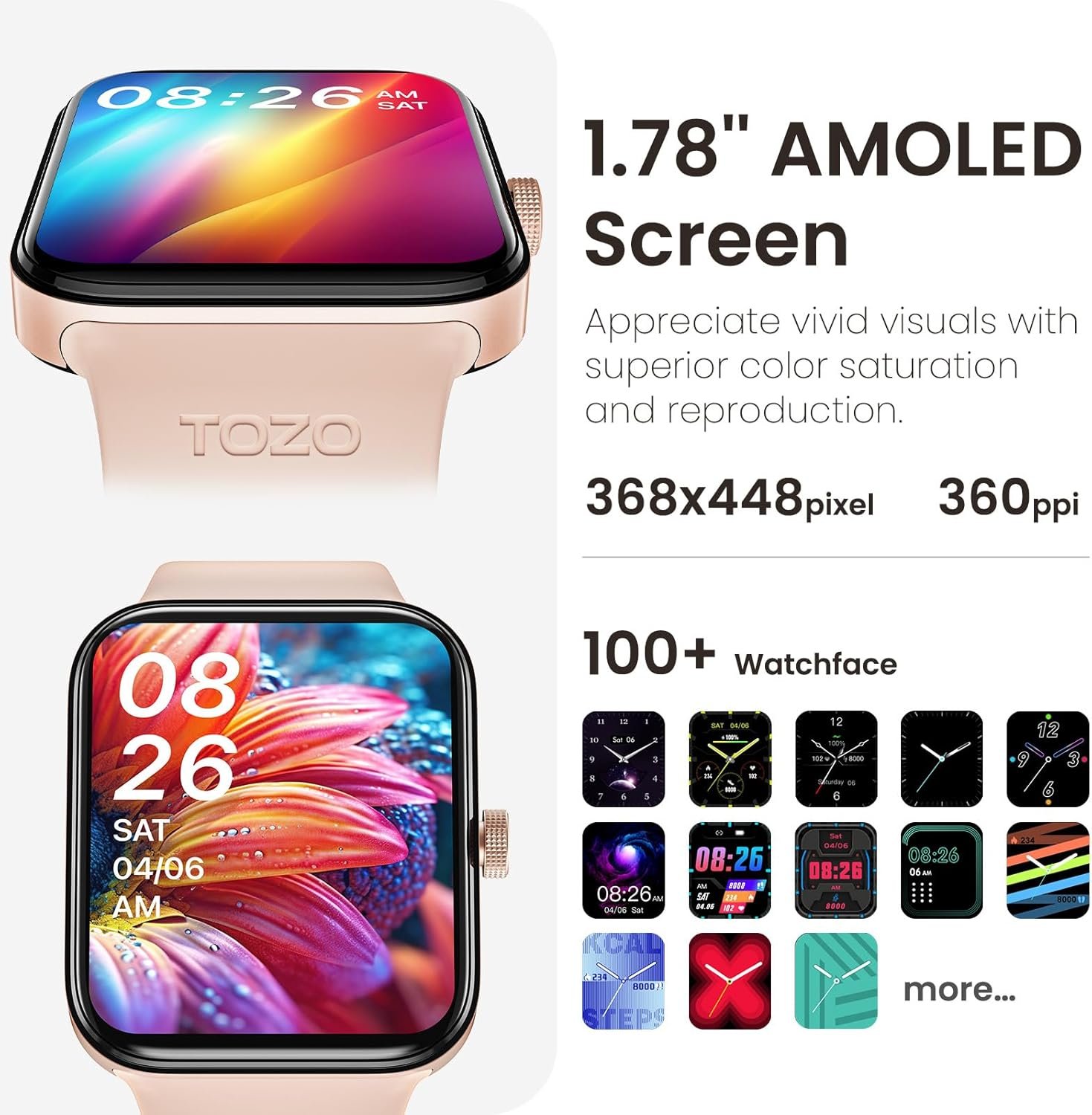 TOZO S4 AcuFit One Smart Watch 1.78" AMOLED Ultra-Clear Screen for Men Women, Call/Answer Fitness Tracker, Heart Rate Sleep Blood Oxygen Monitor IP68 Waterproof for iOS 11.0+ Android 9.0+ Rose Gold - Image 3
