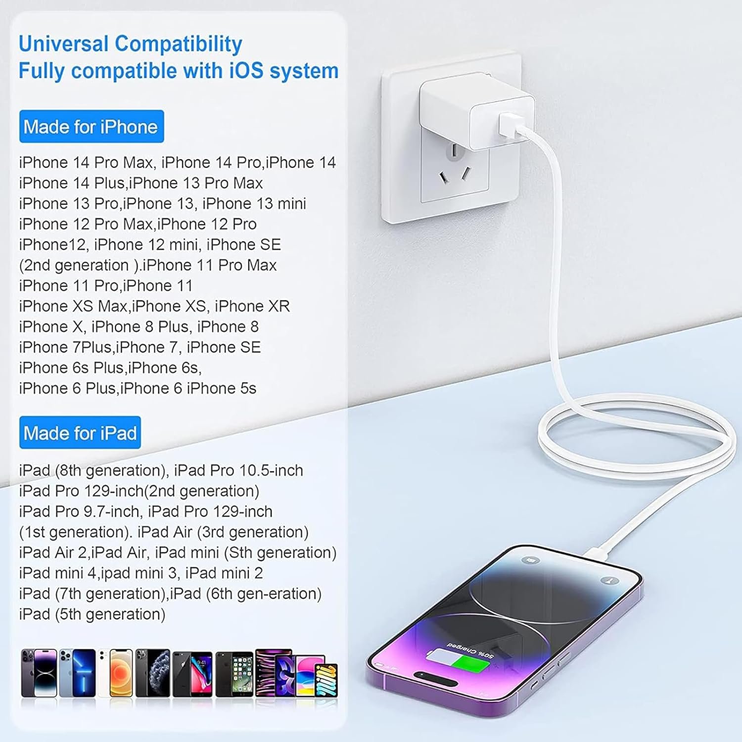 iPhone Charger Fast Charging 10 FT, PD 20W USB C Wall Charger Block with 10FT Long Type C to Lightning Fast Charging Data Sync Cable Compatible with iPhone 14 13 12 11 XS XR X 8 iPad - Image 9