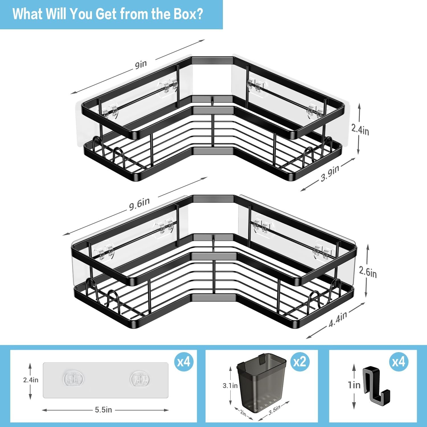 Corner Shower Caddy, 2 Pack Adhesive Shower Corner Organizer Shelves, No Drilling Stainless Steel Shower Storage Rack with Hooks&Toothpaste Holder for Bathroom, Dorm and Kitchen - Image 7