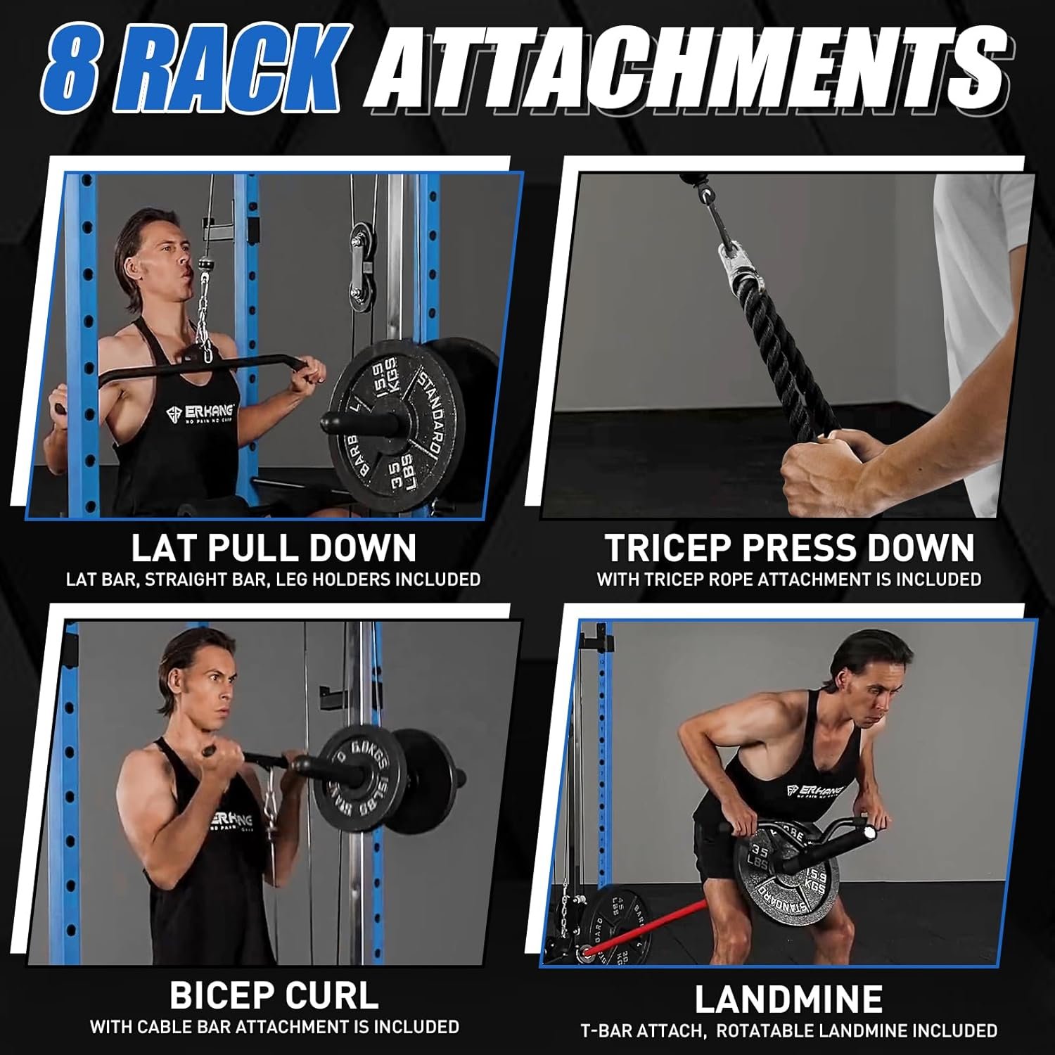 ER KANG Power Cage, Power Rack with LAT Pulldown, Multi-Functional Squat Rack, Squat Cage with More Training Attachments for Home Gym(Blue) - Image 6