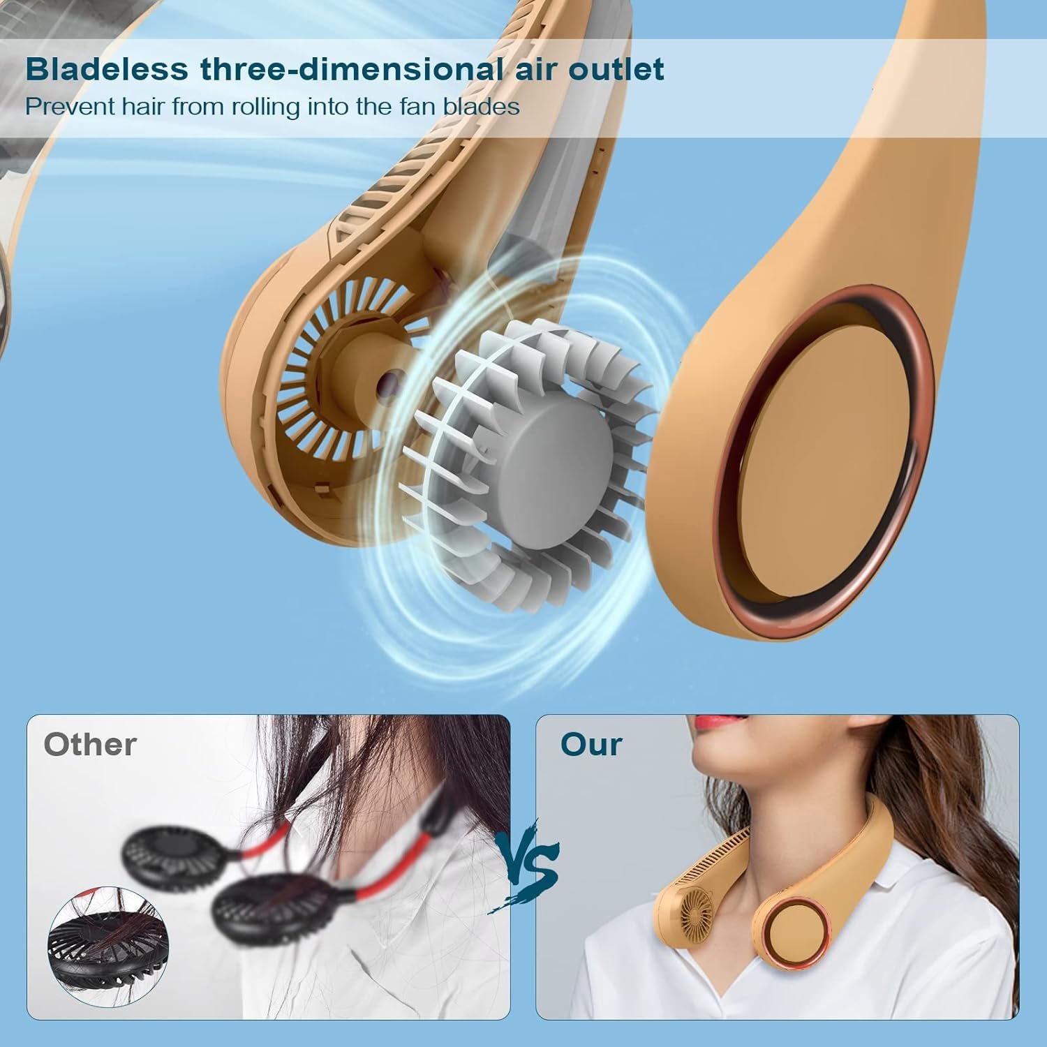 CIVPOWER Neck Fan: Portable Personal Neck Cooling Rechargeable Bladeless Fan - Hands Free 3 Speed 4000 mAh Battery USB Operated Wearable Headphone Design - for Men Women Outdoor Indoor Caramel - Image 6