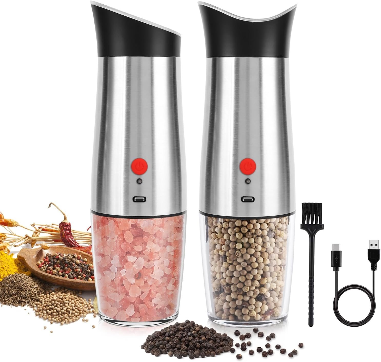 Electric Salt and Pepper Grinder Set: - for Gravity Automatic Salt Grinder Set Spice Pepper Mill with Adjustable Coarseness USB Rechargeable Battery Power Salt Mill Shakers - Image 2