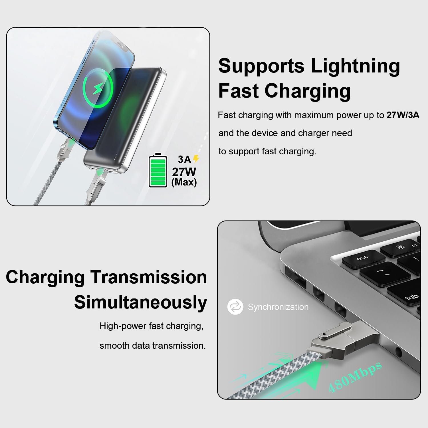 Adhiper 4 in 1 USB C Charging Cable,60W/3A 3.3FT Fast Charging Cable,Multi Charger Cord for Samsung Galaxy S23/S22/S21 & iPhone 15/14/13 Series,Multi Cable for Lighting/USB C/USB A(Light Gray) - Image 8