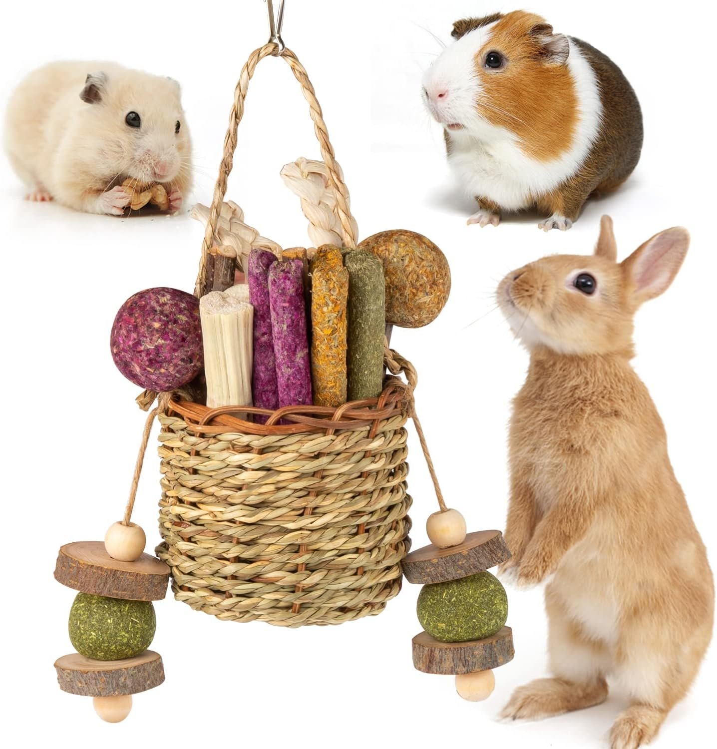 Sofier Rabbit Toys Bunny Toys Hamster Toys Guinea Pig Toys Natural Seagrass Hanging Basket with Timothy Hay Treats Handmade Chew Toys for Teeth Enrichment Chinchilla Rat - Image 2