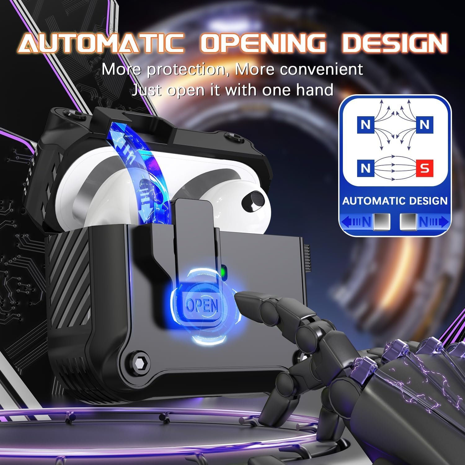 R-fun for AirPods 3rd Generation 2021 Charging Case Cover, Full Drop Protection Auto Pop-Up Lid Design for Apple Airpod 3 Gen Case with Cleaner Kit & Keychain,Black - Image 3