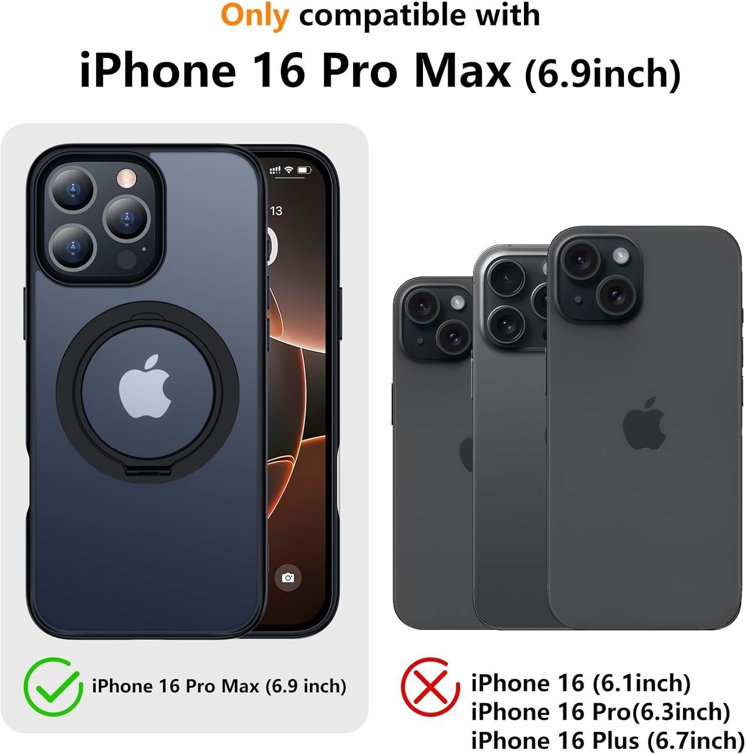 Temdan Designed for iPhone 16 Pro Max Case, 360°Rotatable Ring Stand Case Matte Skin Feeling Compatible with MagSafe Military-Grade Protection Magnetic Kickstand Case 6.9 inch -Matte Black - Image 9
