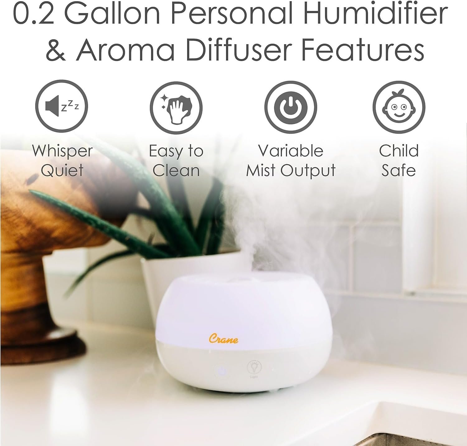 Crane Personal Ultrasonic Cool Mist Humidifier and Aroma Therapy Diffuser, for Home Bedroom Hotels Travel and Office, 0.2 Gallon, Filter Free, White - Image 3