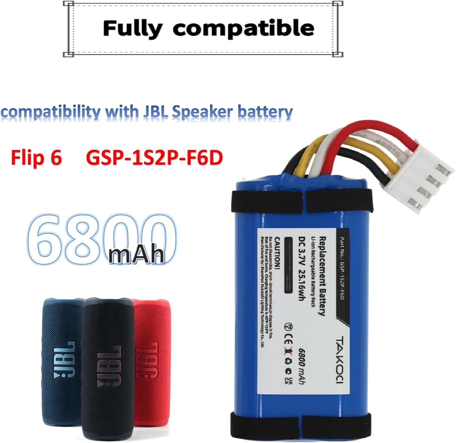 6800mAh Extended GSP-1S2P-F6D Battery Replacement Compatible with Flip 6 Waterproof Portable Bluetooth Speaker. - Image 3