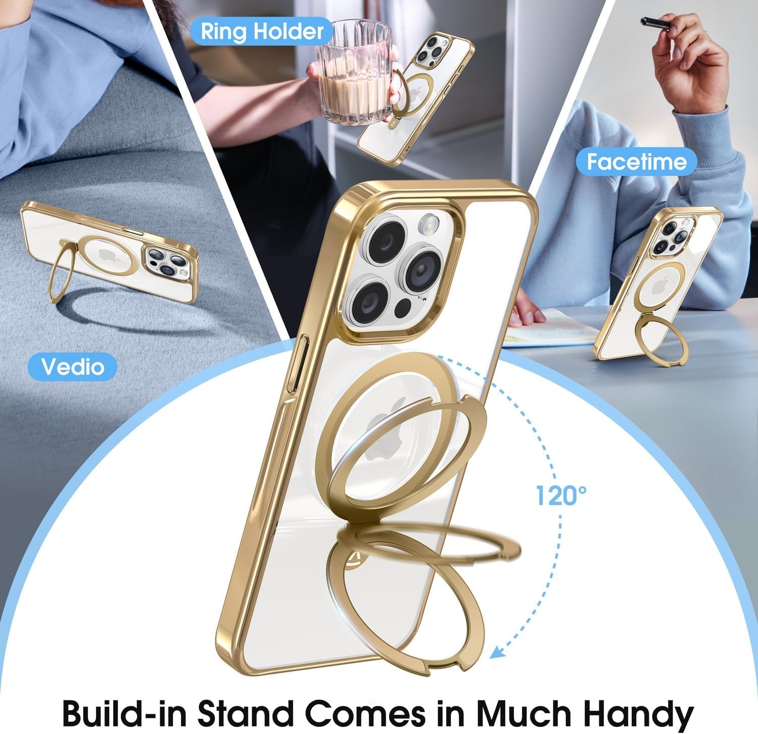 Alphex Titanium Stand for MagSafe iPhone 15 Pro Max Case, Polished Titanium Match for iPhone, 12FT Military Drop Protection, Shockproof Phone Ring Slim Cover 6.7 inch, Gold Titanium - Image 3