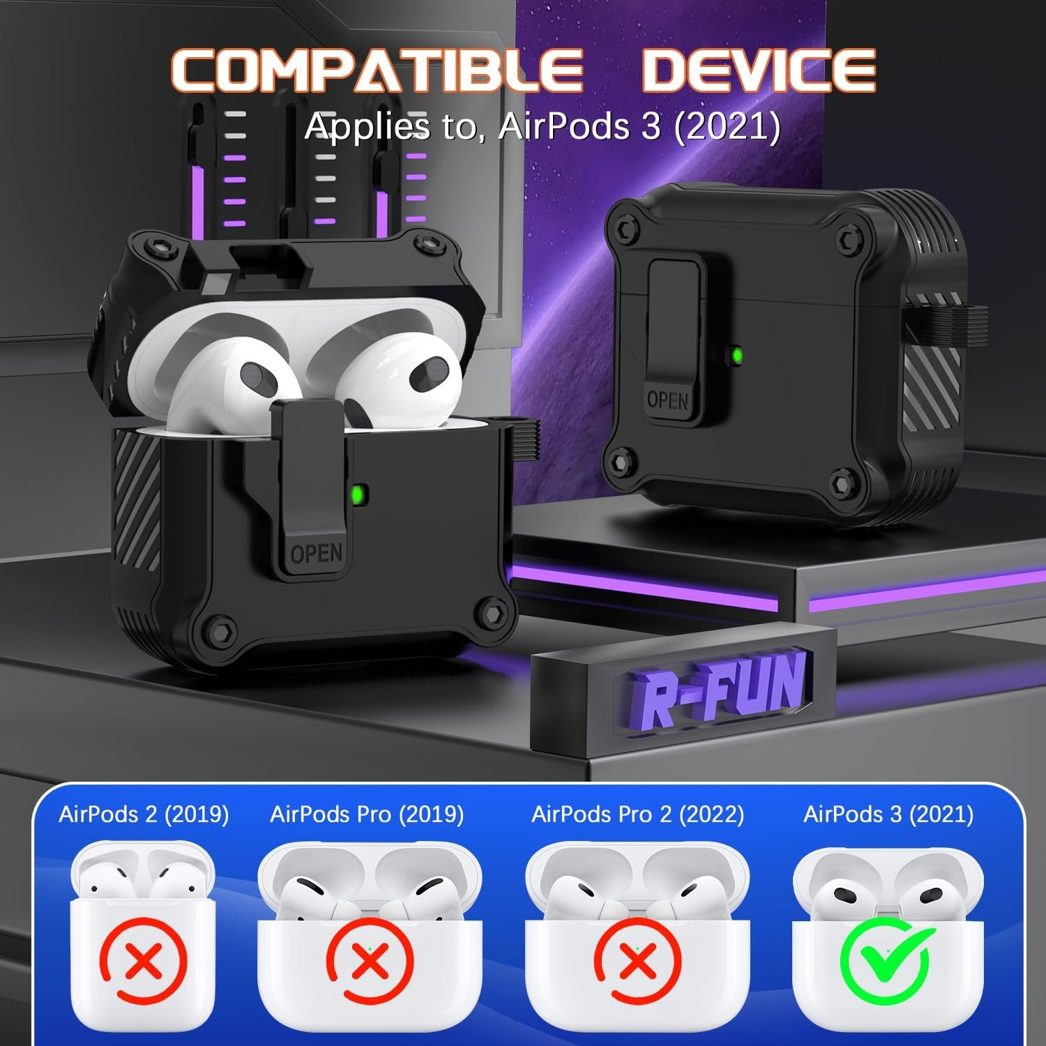 R-fun for AirPods 3rd Generation 2021 Charging Case Cover, Full Drop Protection Auto Pop-Up Lid Design for Apple Airpod 3 Gen Case with Cleaner Kit & Keychain,Black - Image 5