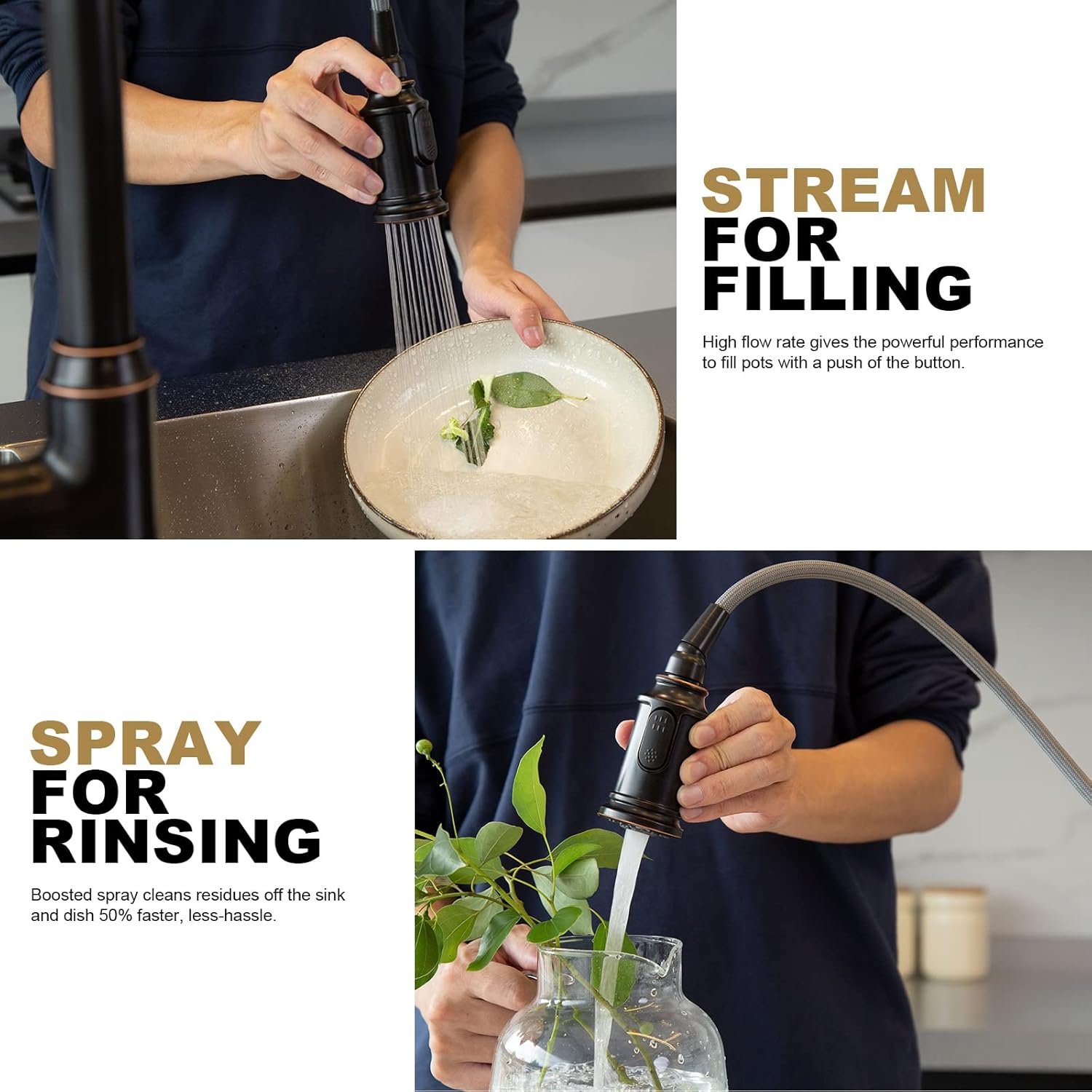 Oil Rubbed Bronze Kitchen Faucet with Pull Down Sprayer, Lava Odoro Single Handle Kitchen Sink Faucet Bronze Faucet for Kitchen Sink 1 Hole and 3 Hole, Deck Plate Included, KF421-ORB - Image 4