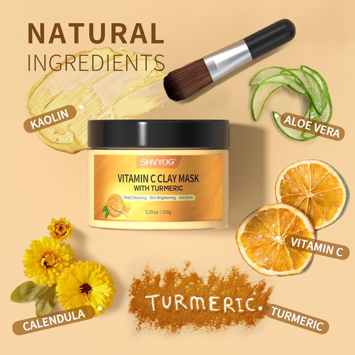 Vitamin C Face Mask with Kaolin Clay and Turmeric for Dark Spots, Dull Skin, Skincare Facial Mask for Controlling Oil and Refining Pores 5.29 Oz - Image 3