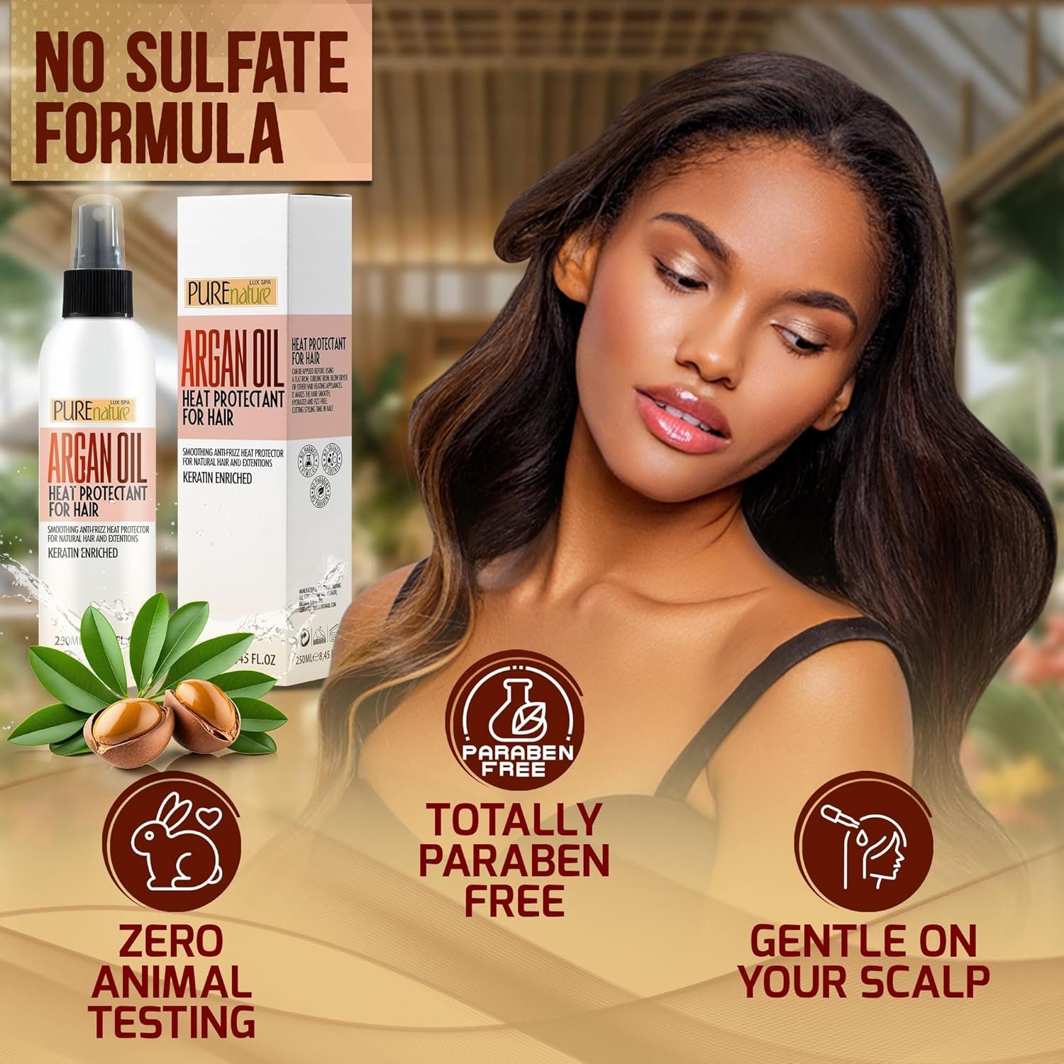 Moroccan Argan Oil Heat Protectant Spray for Hair - Leave In Thermal Guard against Flat Iron, Straightener and Blow Dry Damage - Hydrating Anti Frizz Control for Straight, Black and Curly Locks - Image 7