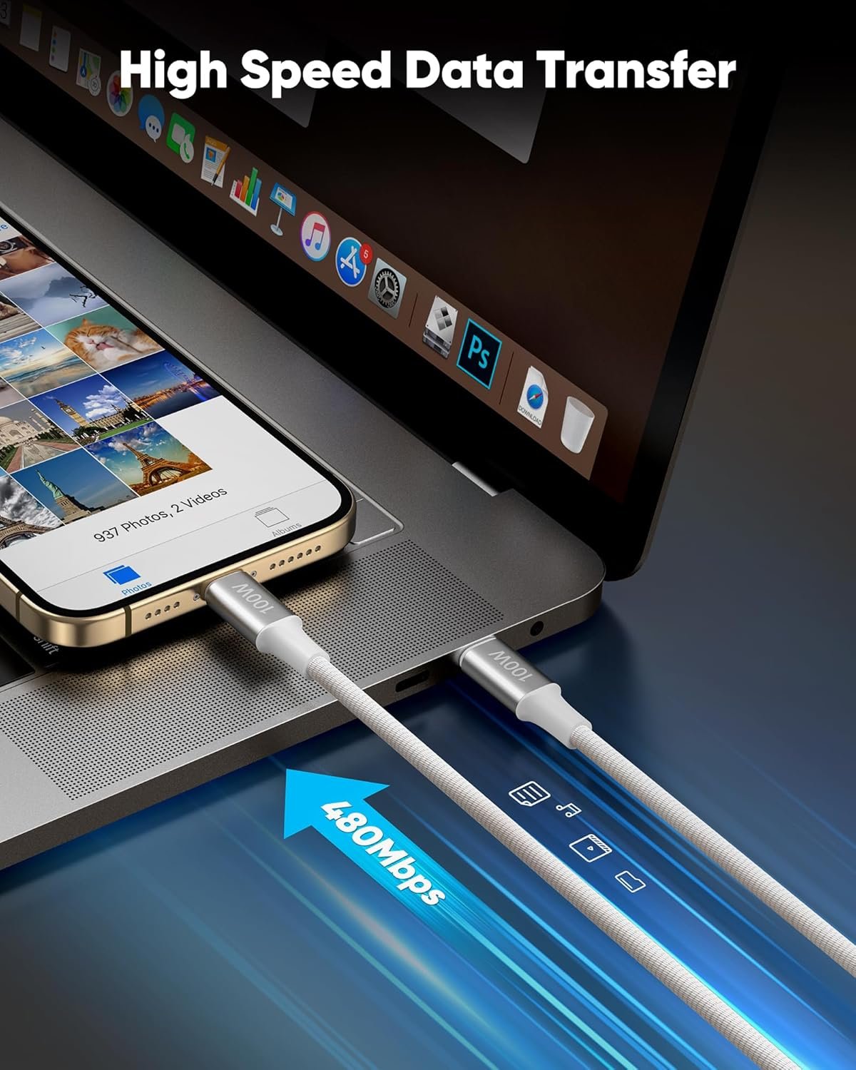 Highwings 100W USB C Cable (6.6ft, 2-Pack) for MacBook Pro/Air (2023-2018), iPhone 15 Pro Max, iPad Pro/Air/Mini 6th, Galaxy S23, Type-C Fast Charging Cord Nylon Braided - Image 8